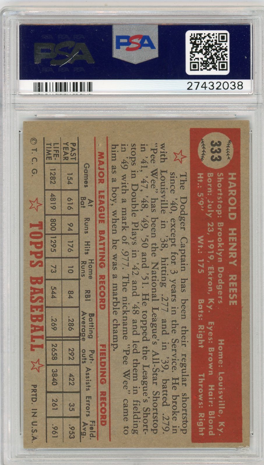 1952 Topps Pee Wee Reese #333 Bill Hemrick Collection PSA 7