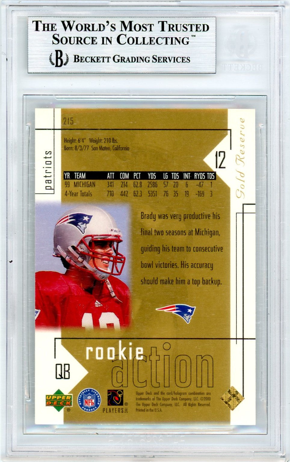 2000 Upper Deck Gold Reserve Tom Brady #215 BGS 8.5 Rookie