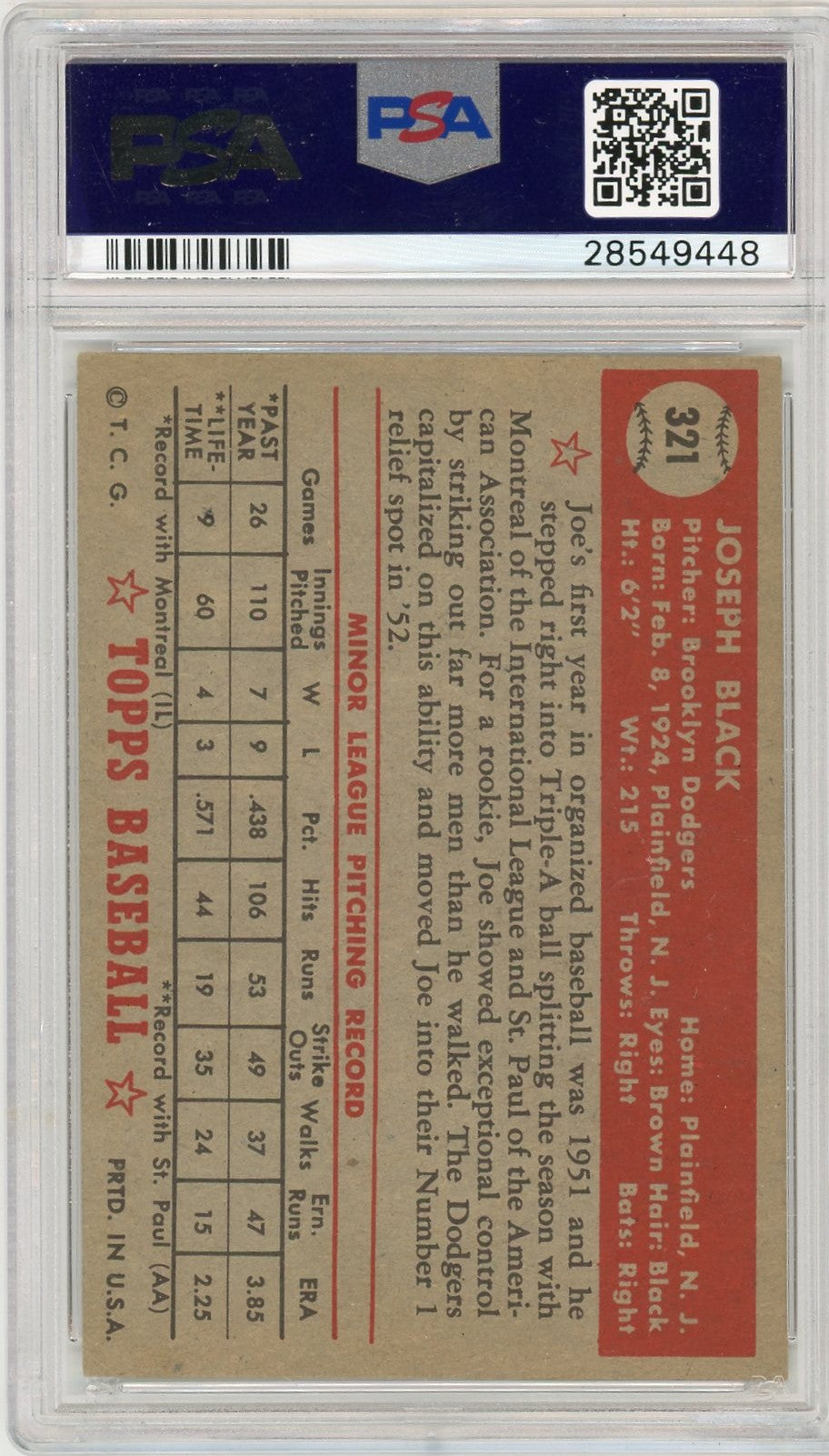 1952 Topps Joe Black #321 PSA 7
