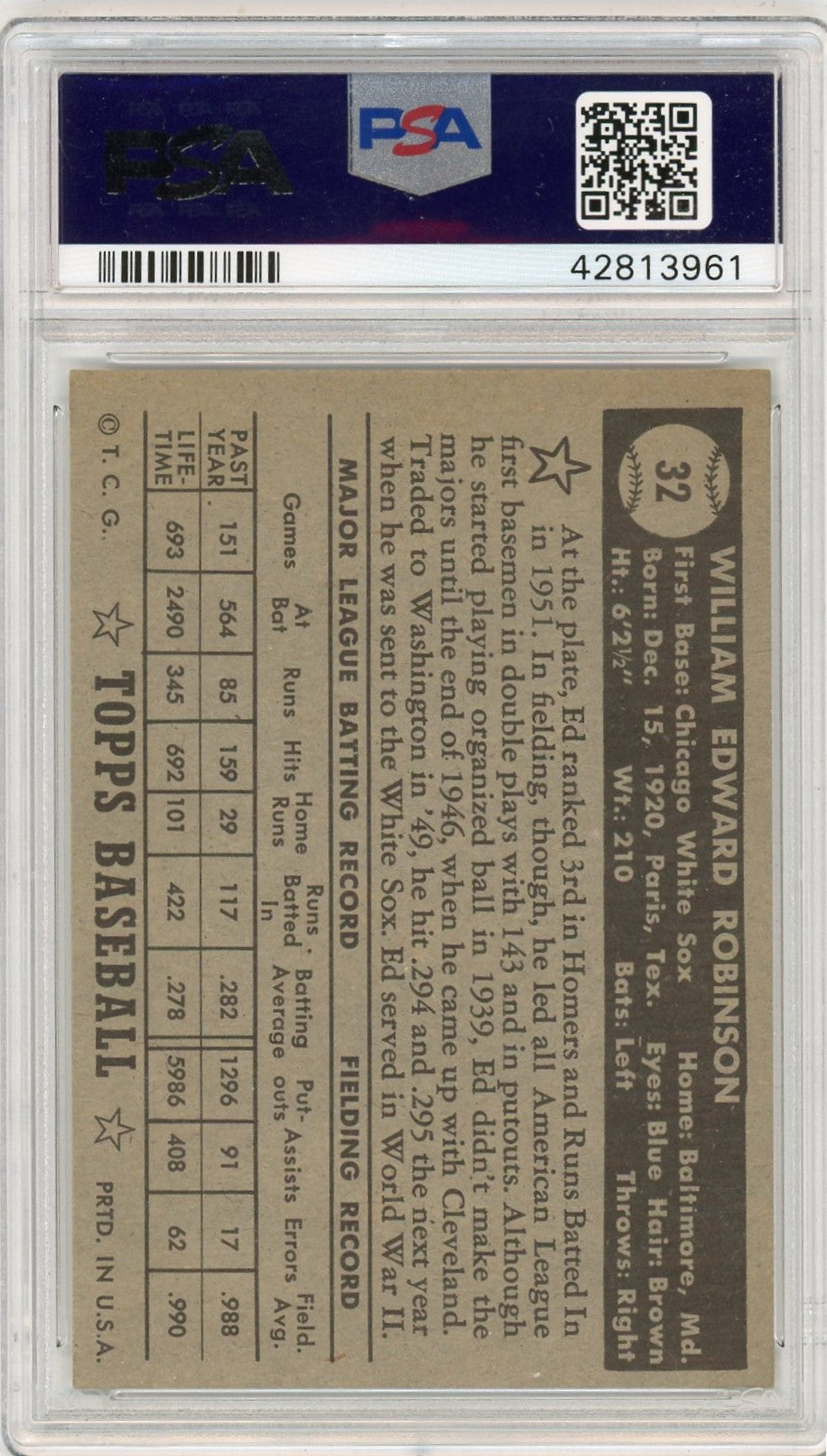 1952 Topps Eddie Robinson #32 Black Back PSA 7