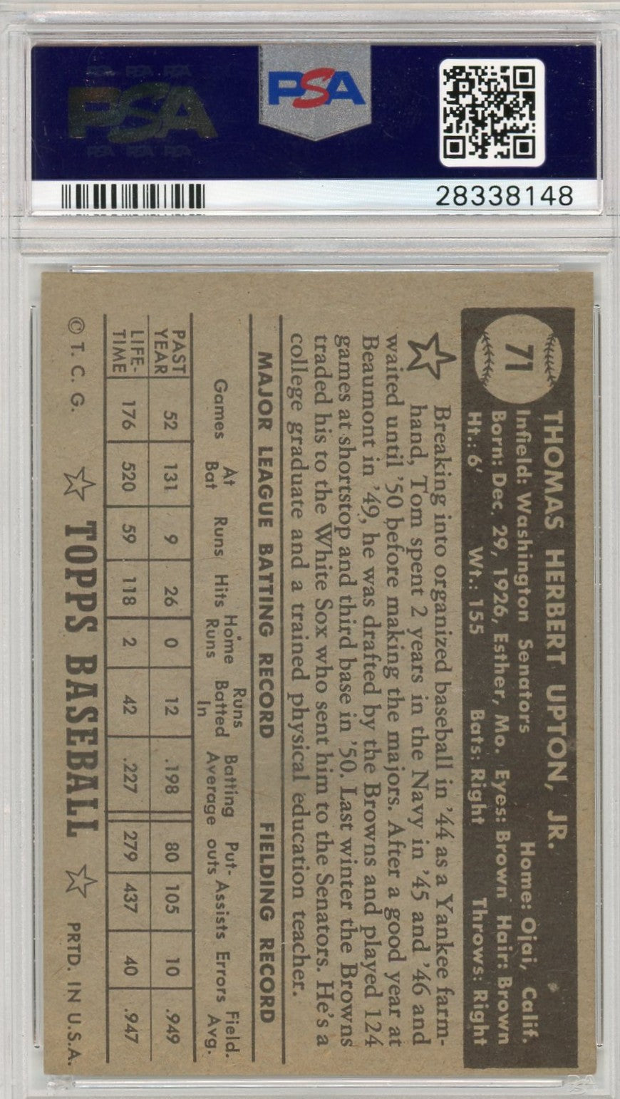 1952 Topps Tom Upton #71 Black Back PSA 7