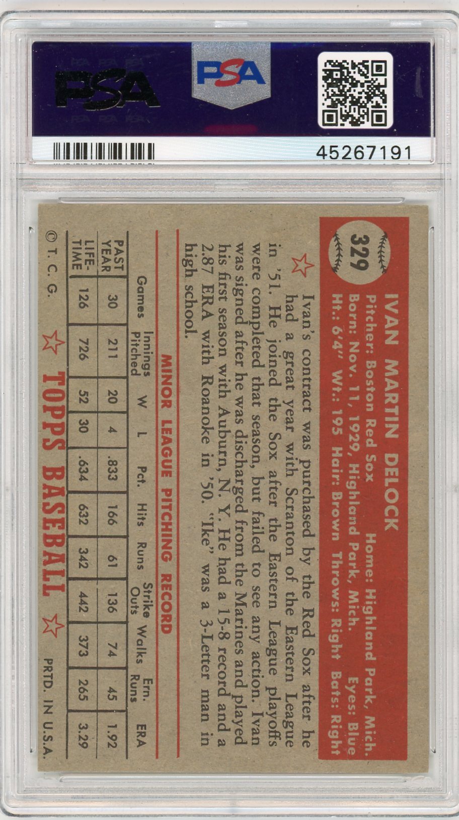 1952 Topps Ivan Delock #329 PSA 7