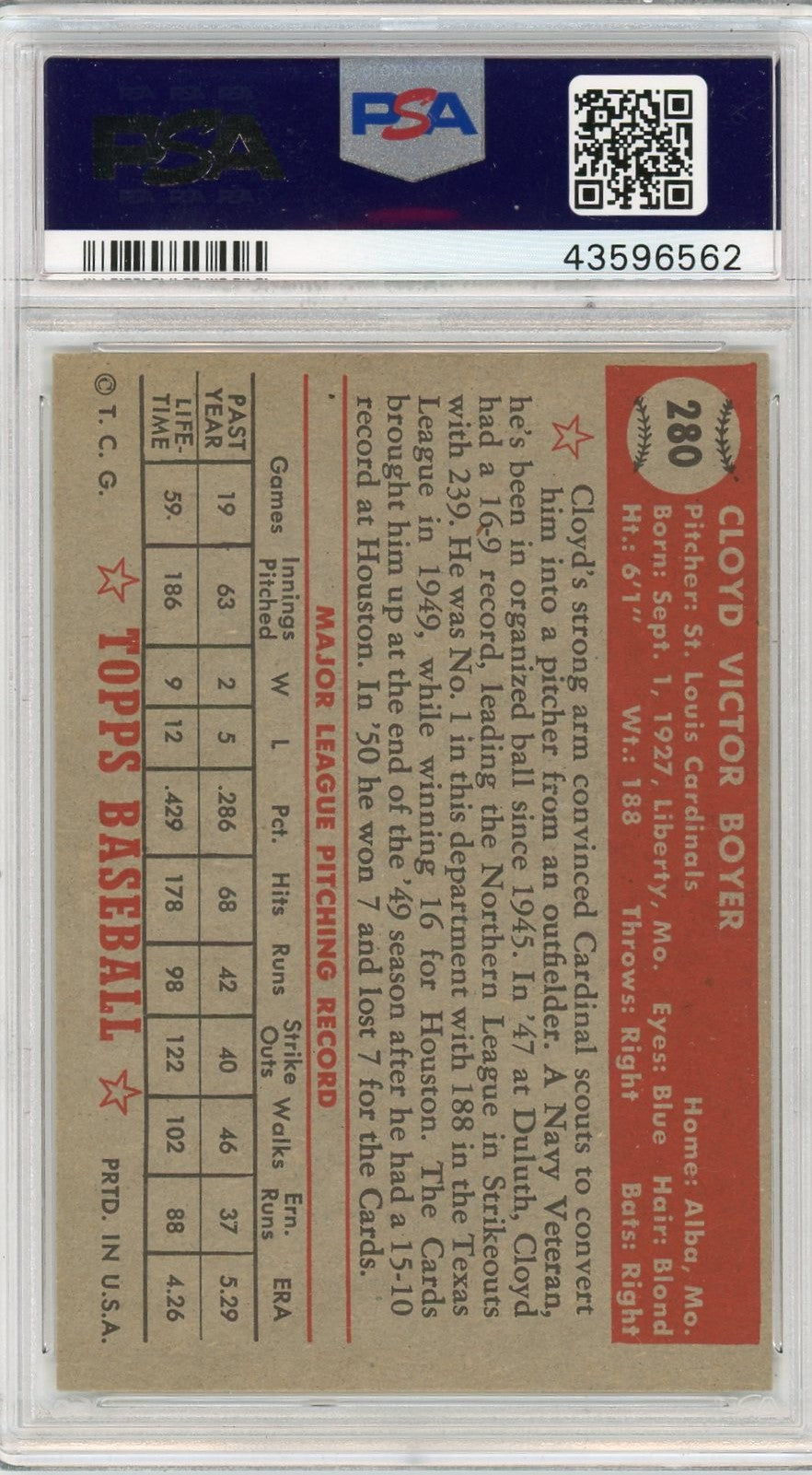 1952 Topps Cloyd Boyer #280 PSA 7