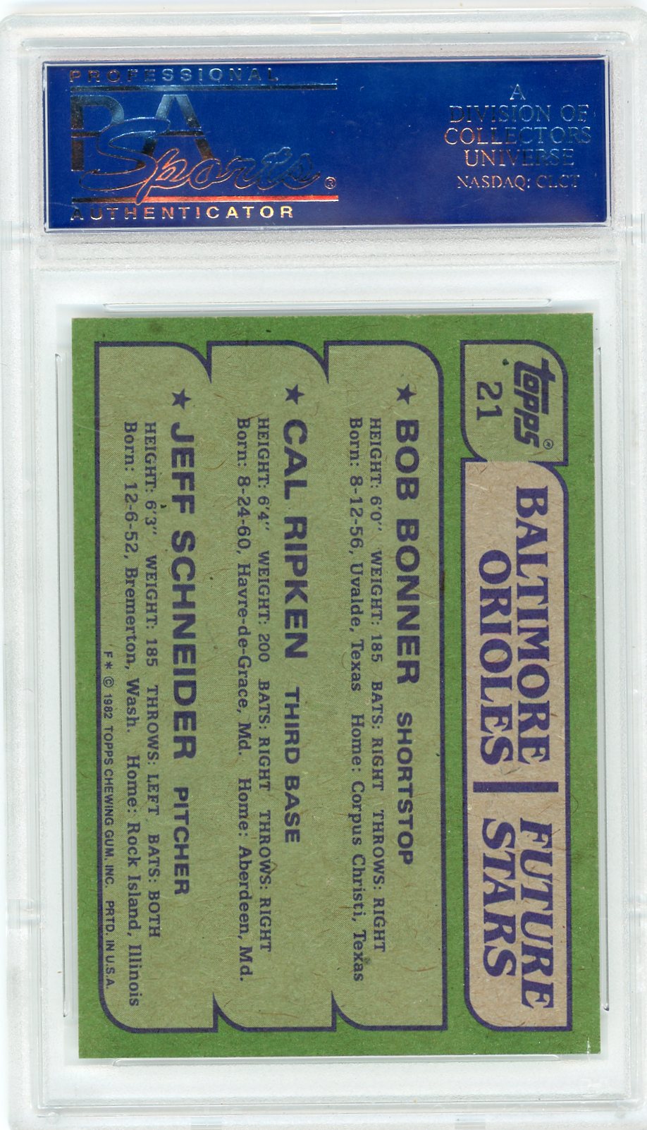 1982 Topps Orioles Future Stars #21 Bonner Ripken Schneider PSA 9