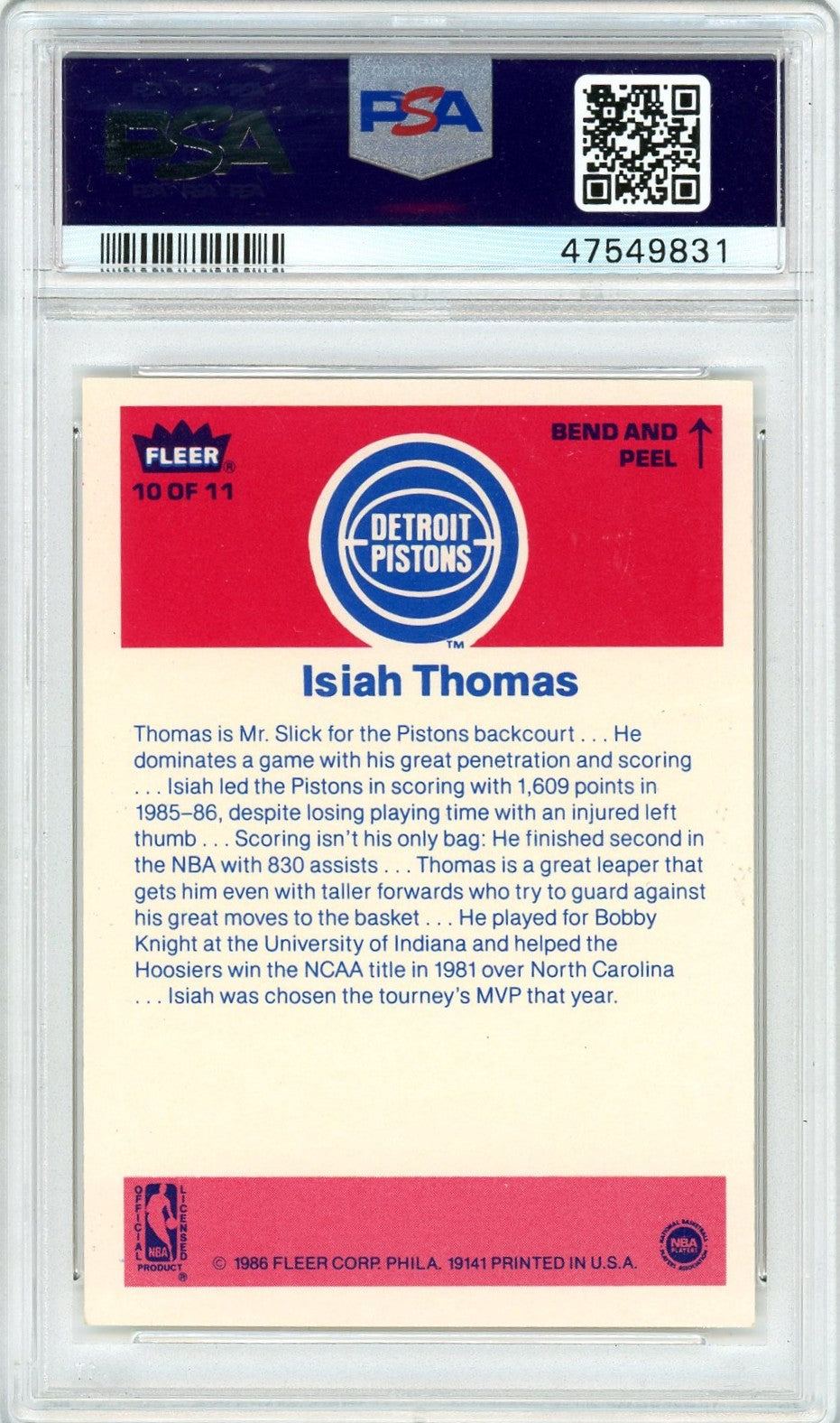 1986 Fleer Sticker Isiah Thomas #10 PSA 9