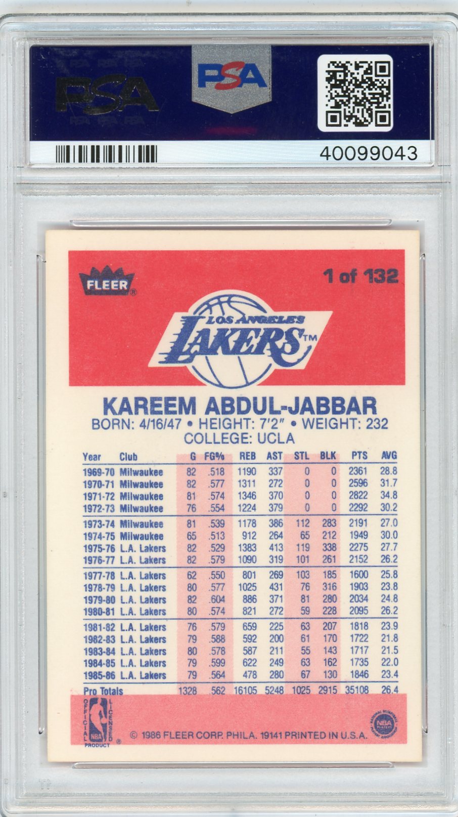 1986 Fleer Kareem Abdul-Jabbar #1 PSA 9