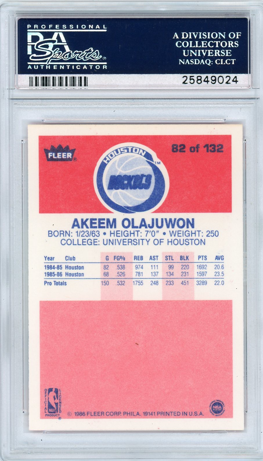 1986 Fleer Akeem Olajuwon #82 PSA 9