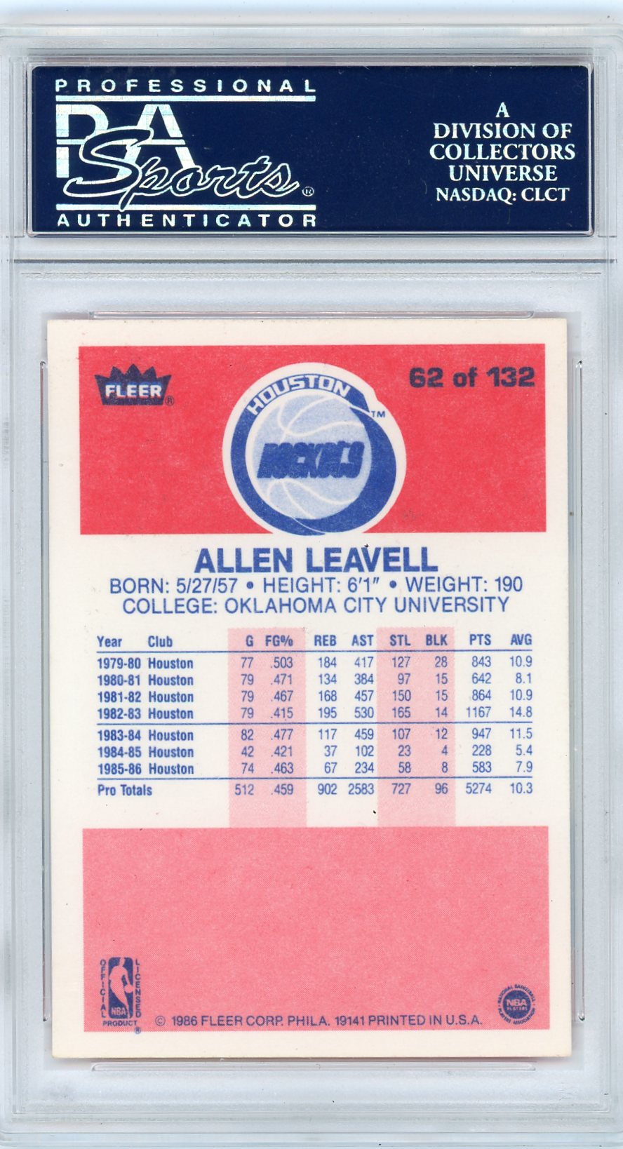 1986 Fleer Allen Leavell #62 PSA 9