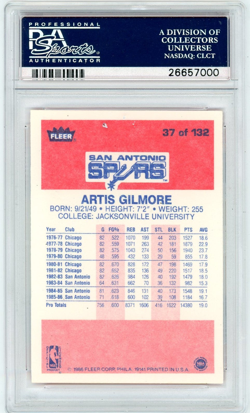 1986 Fleer Artis Gilmore #37 PSA 10
