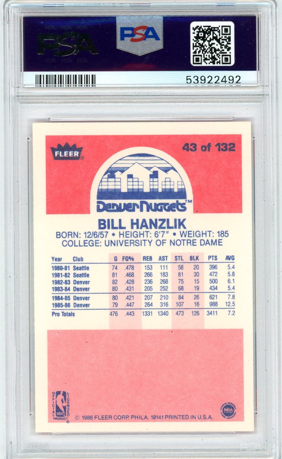 1986 Fleer Bill Hanzlik #43 PSA 9