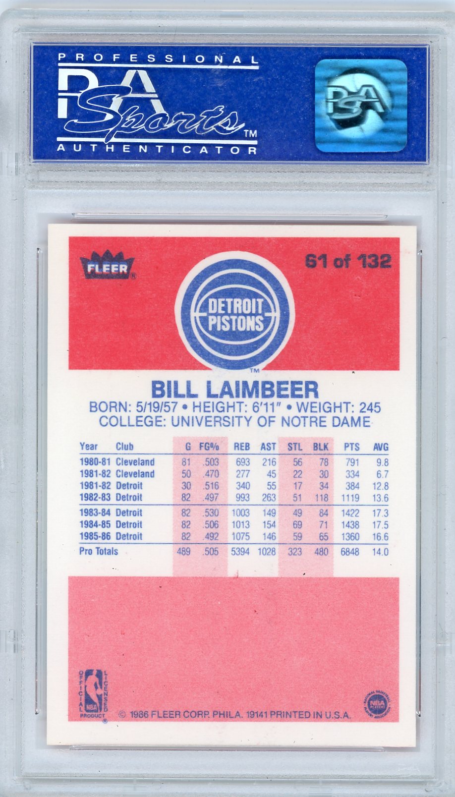 1986 Fleer Bill Laimbeer #61 PSA 9