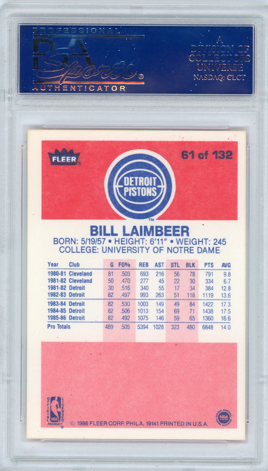 1986 Fleer Bill Laimbeer #61 PSA 9