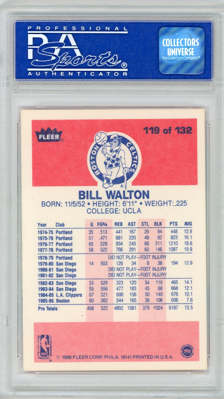 1986 Fleer Bill Walton #119 PSA 9