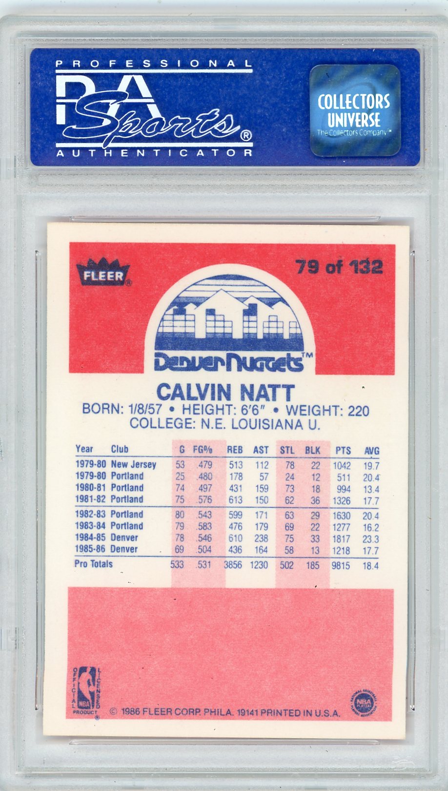 1986 Fleer Calvin Natt #79 PSA 9