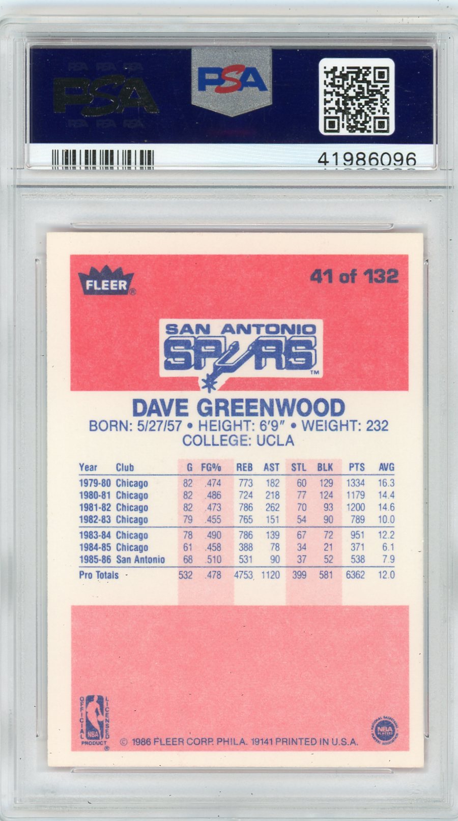 1986 Fleer Dave Greenwood #41 PSA 10