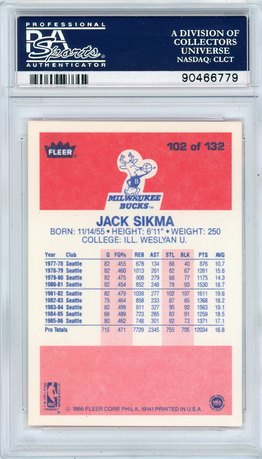 1986 Fleer Jack Sikma #102 PSA 10