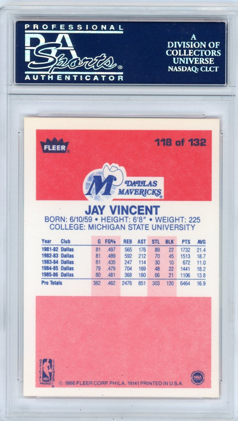 1986 Fleer Jay Vincent #118 PSA 9