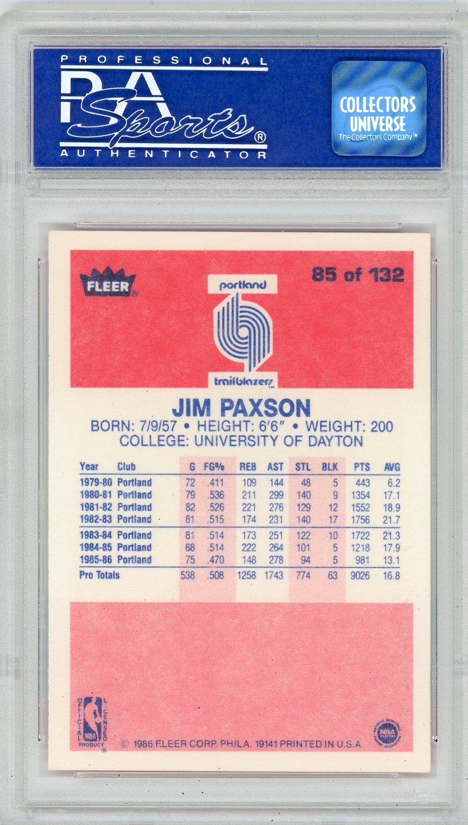 1986 Fleer Jim Paxson #85 PSA 9