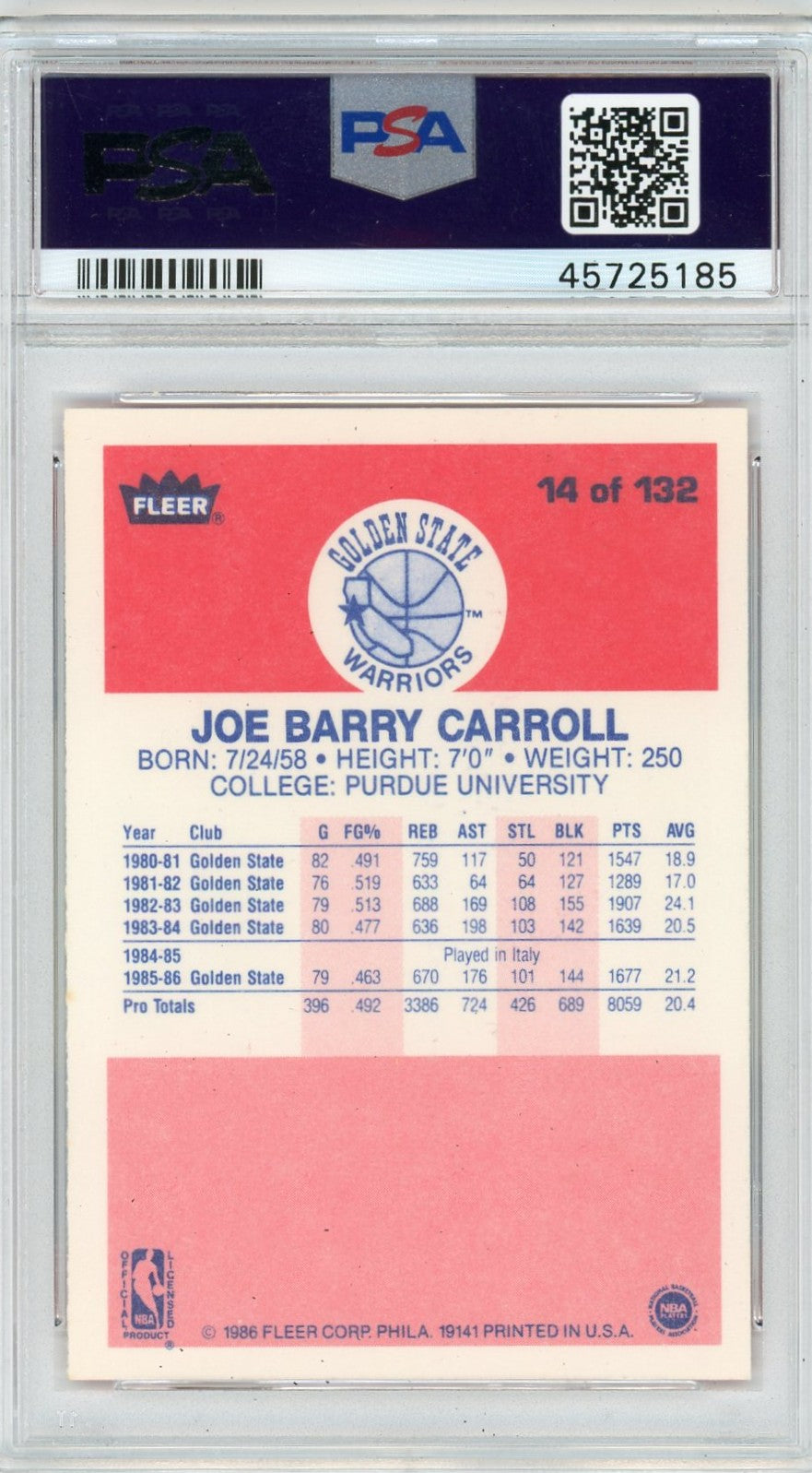 1986 Fleer Joe Barry Carroll #14 PSA 9