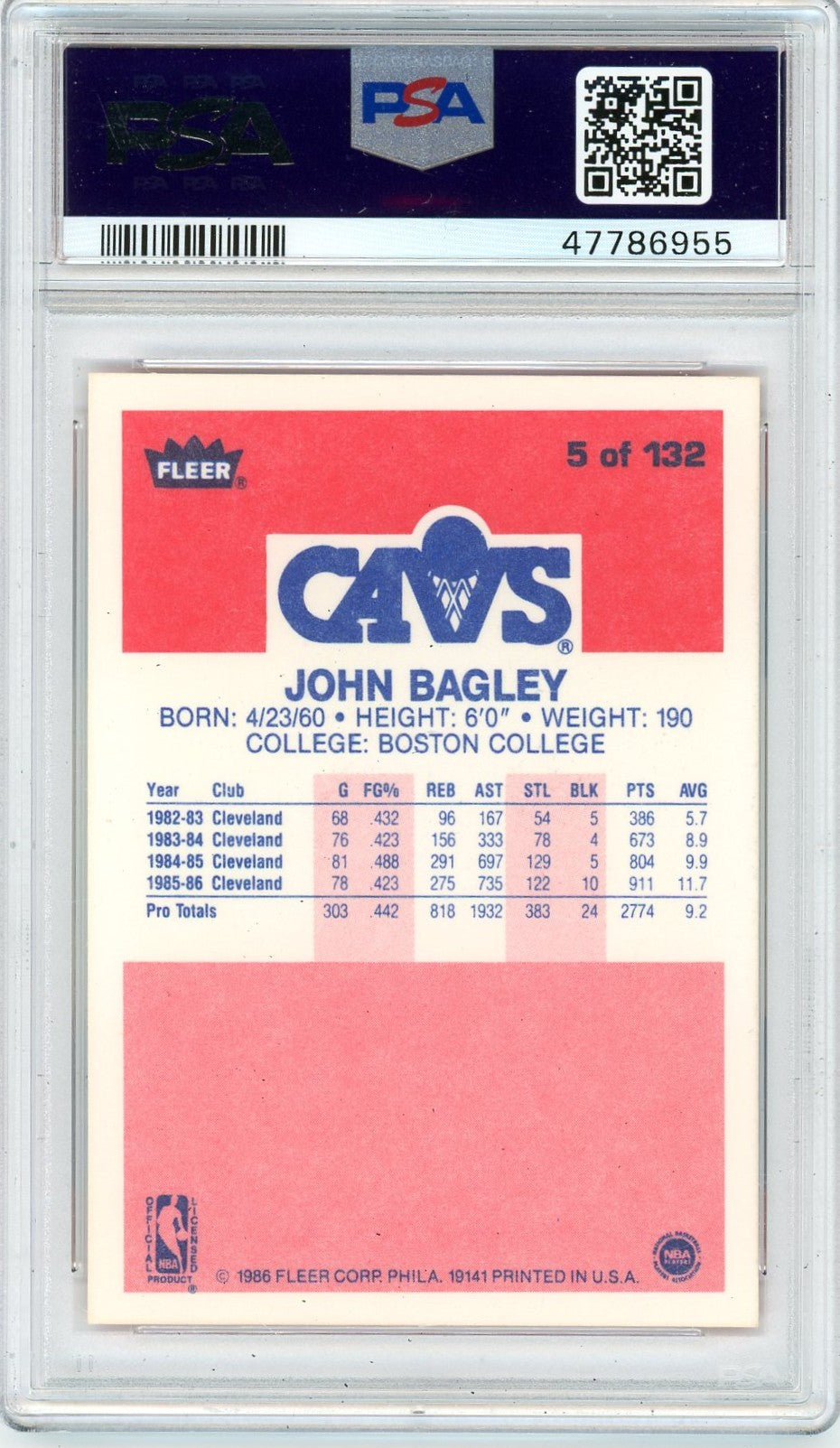 1986 Fleer John Bagley #5 PSA 9