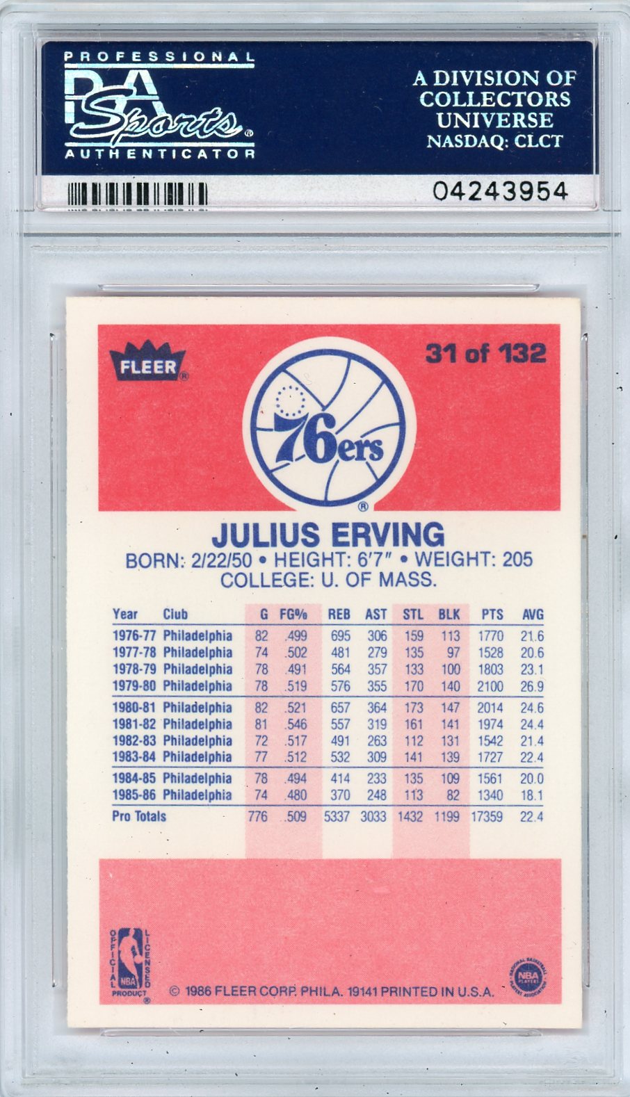 1986 Fleer Julius Erving #31 PSA 9