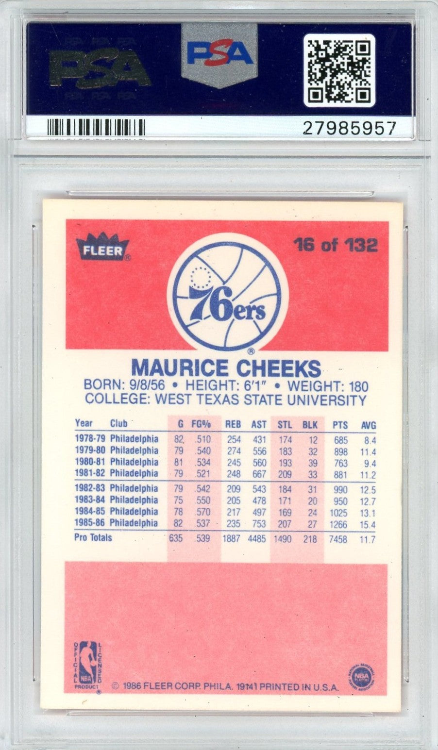 1986 Fleer Maurice Cheeks #16 PSA 9
