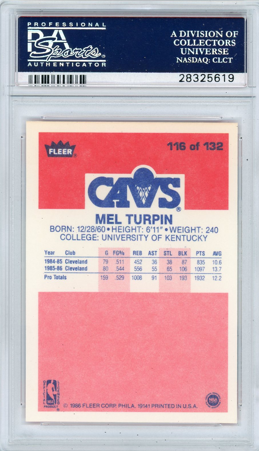 1986 Fleer Melvin Turpin #116 PSA 10