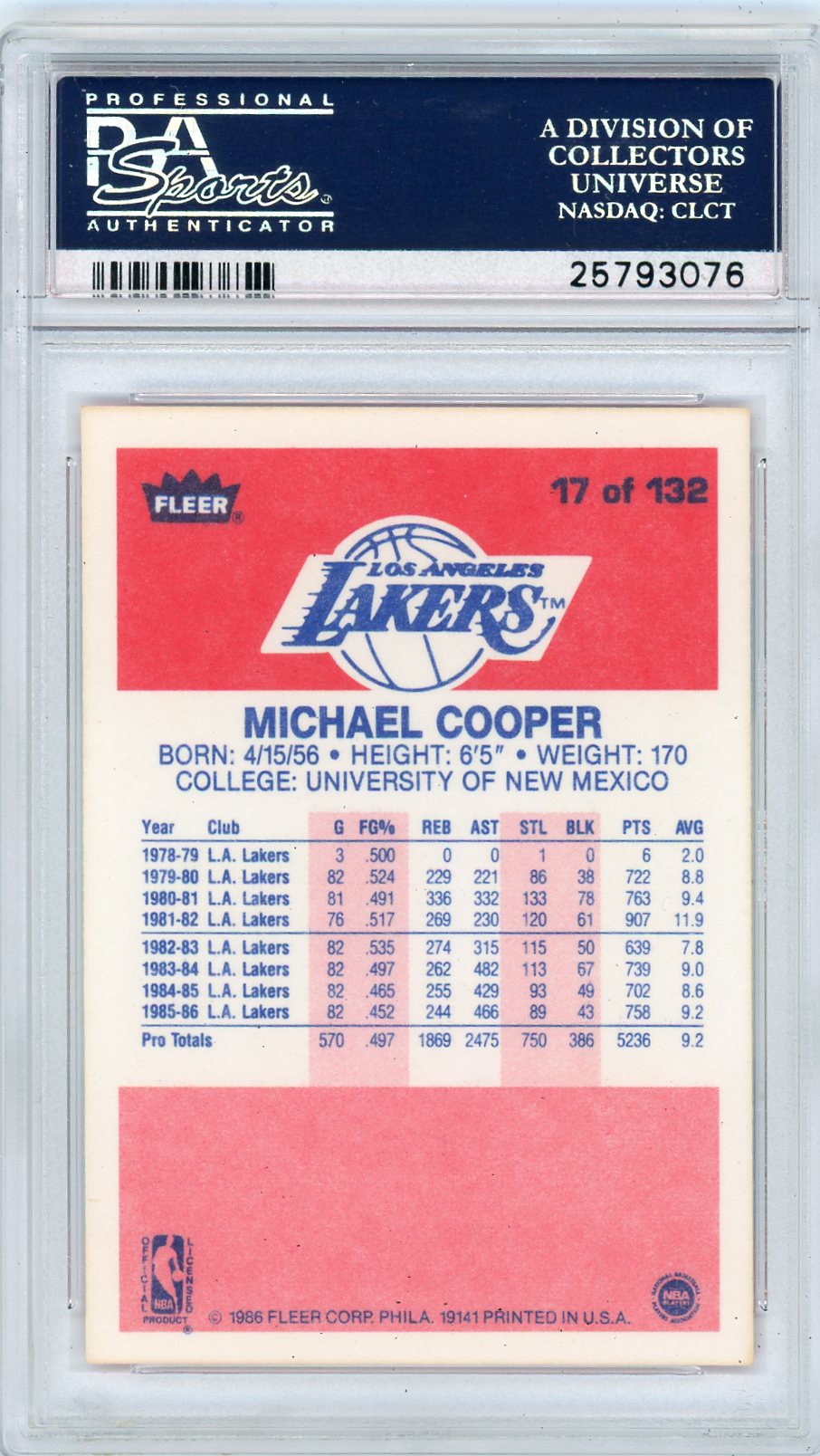1986 Fleer Michael Cooper #17 PSA 10