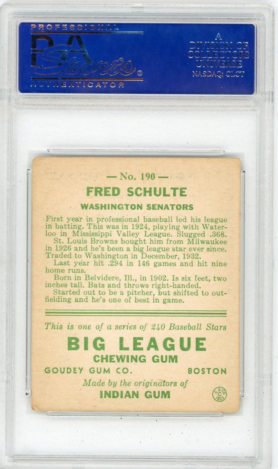 1933 Goudey Fred Schulte #190 PSA 4
