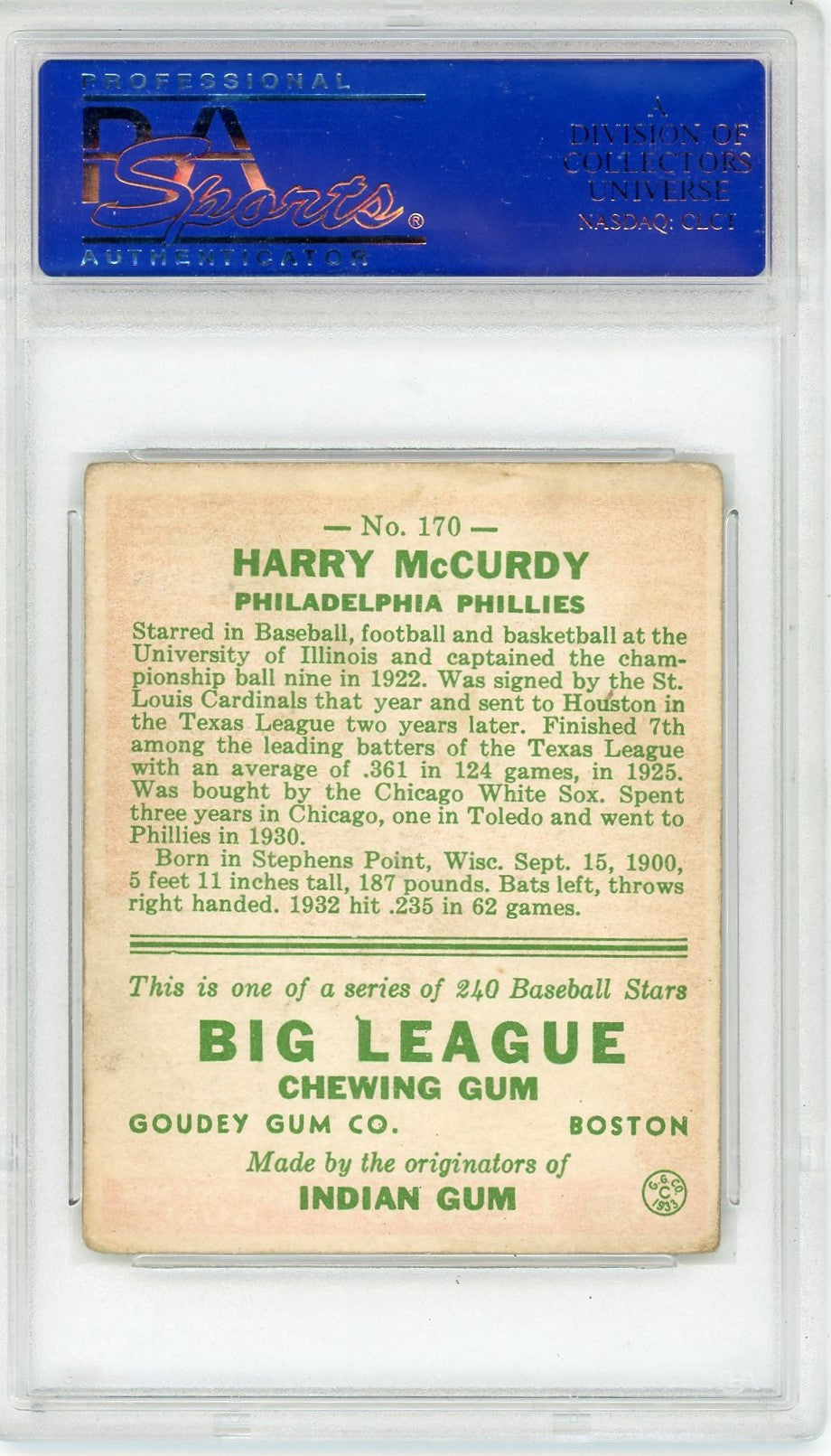 1933 Goudey Harry Mccurdy #170 PSA 3