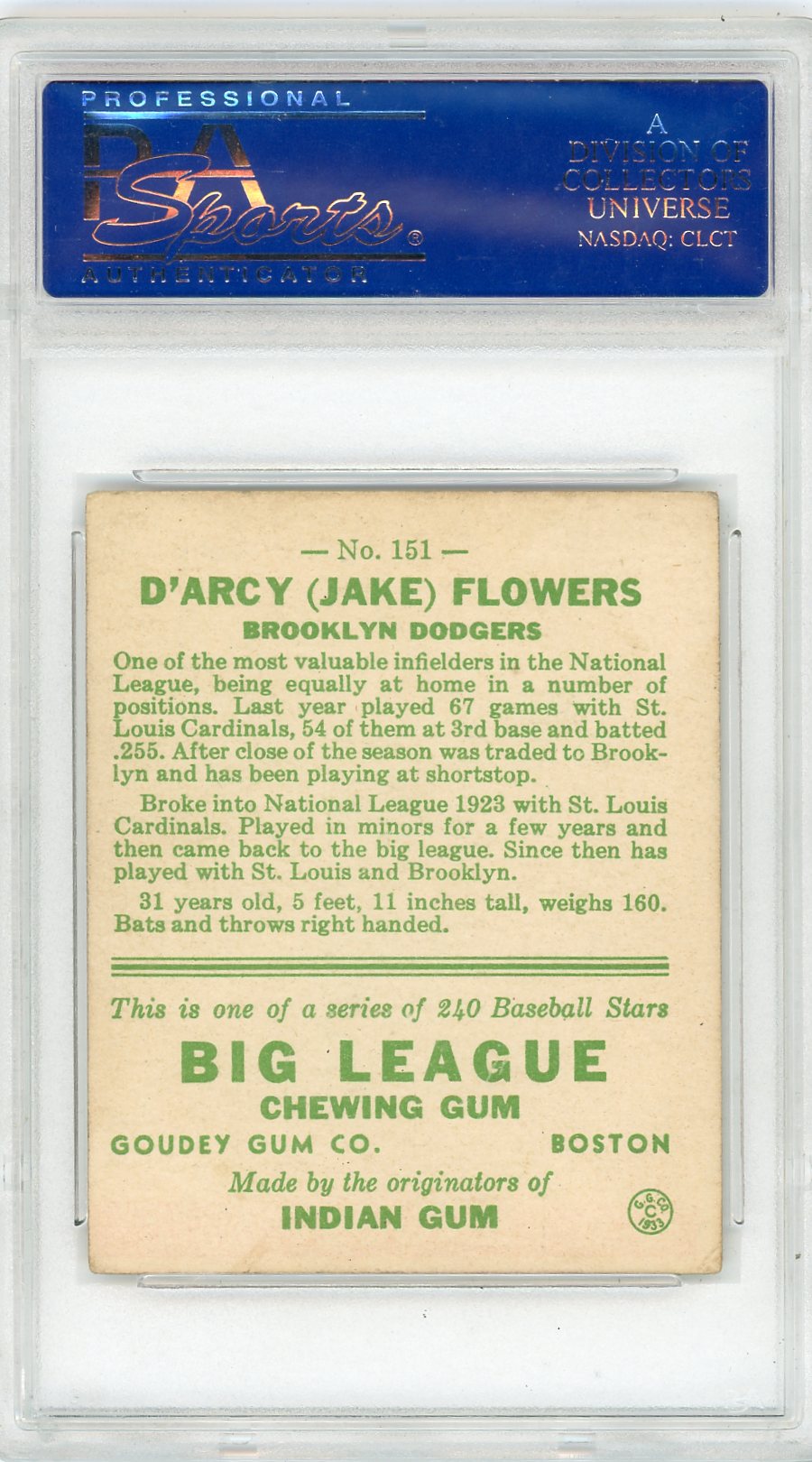 1933 Goudey Jake Flowers #151 PSA 4