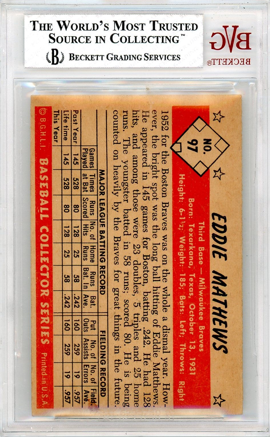 1953 Bowman Color Eddie Mathews #97 BVG 5.5