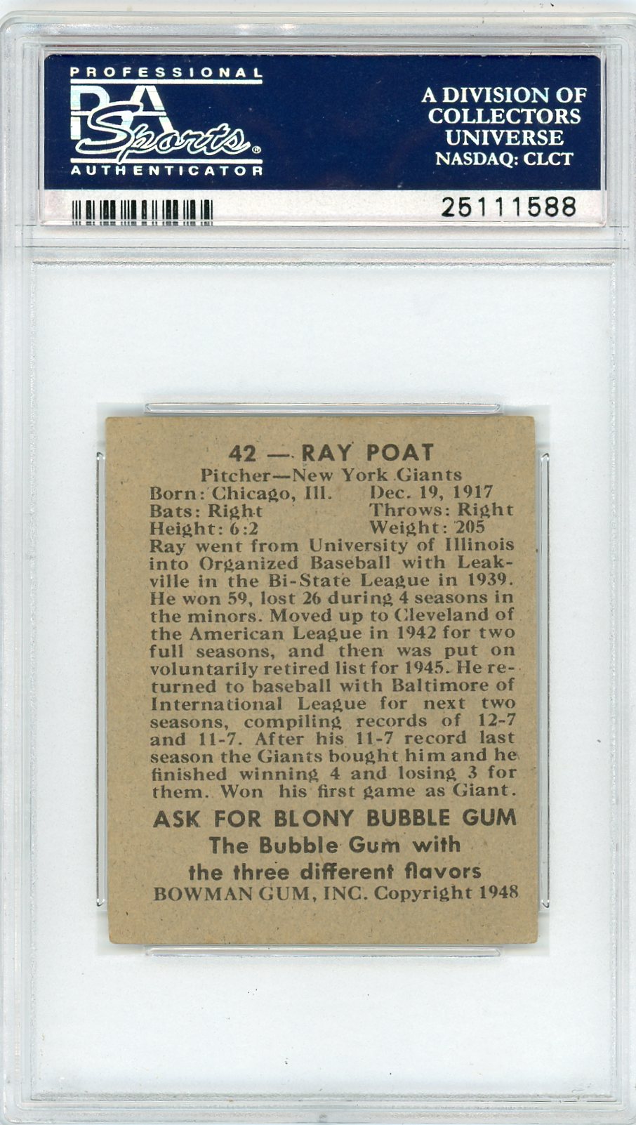1948 Bowman Ray Poat #42 PSA 4