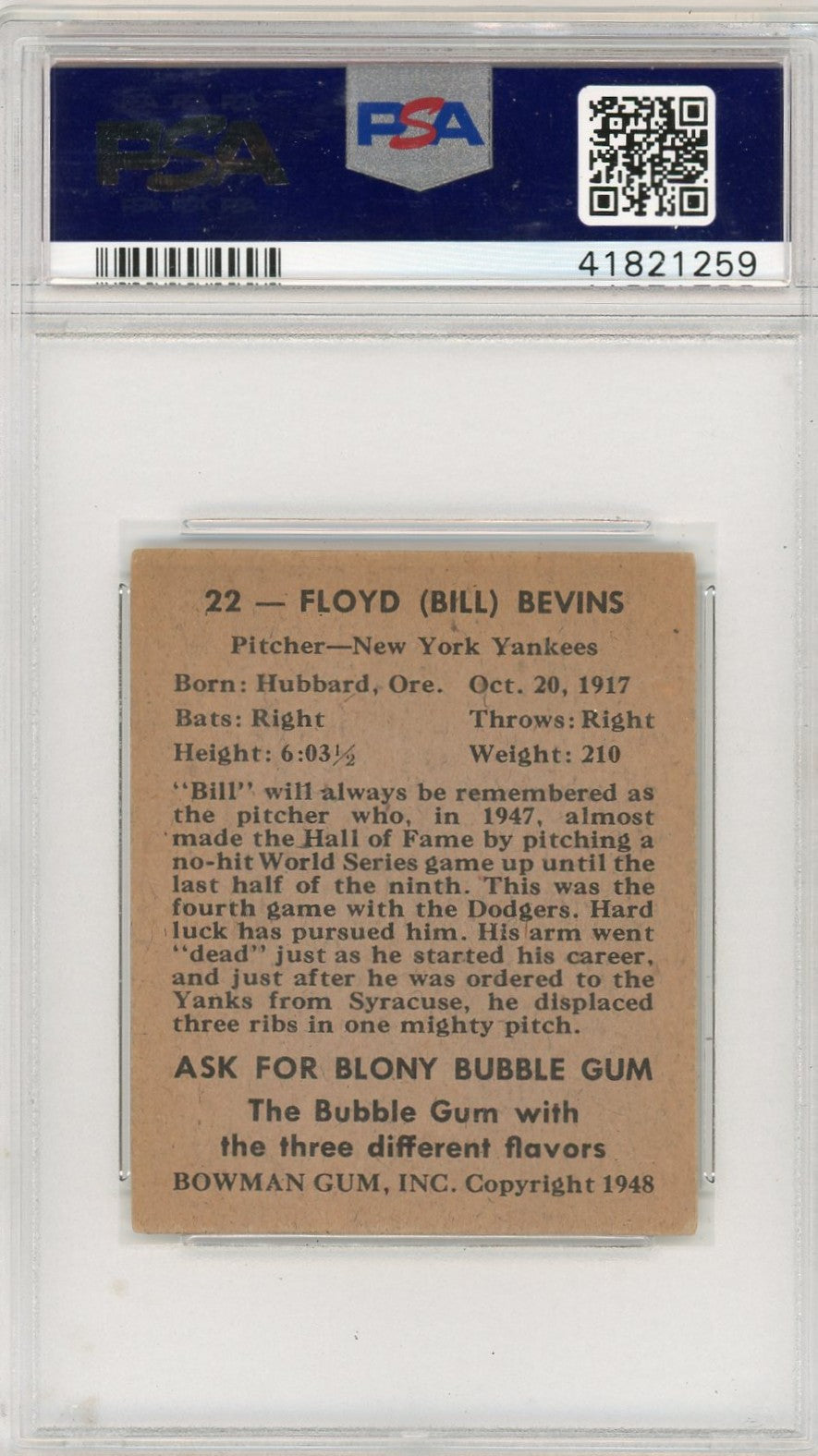 1948 Bowman Floyd Bevins #22 PSA 4.5