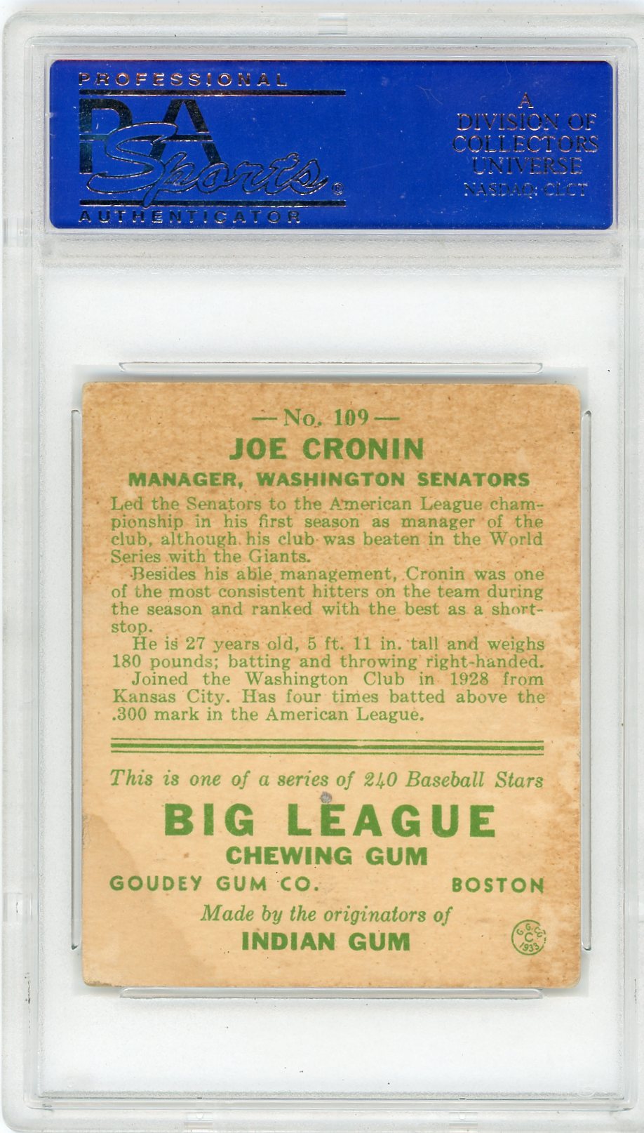 1933 Goudey Joe Cronin #189 PSA 3
