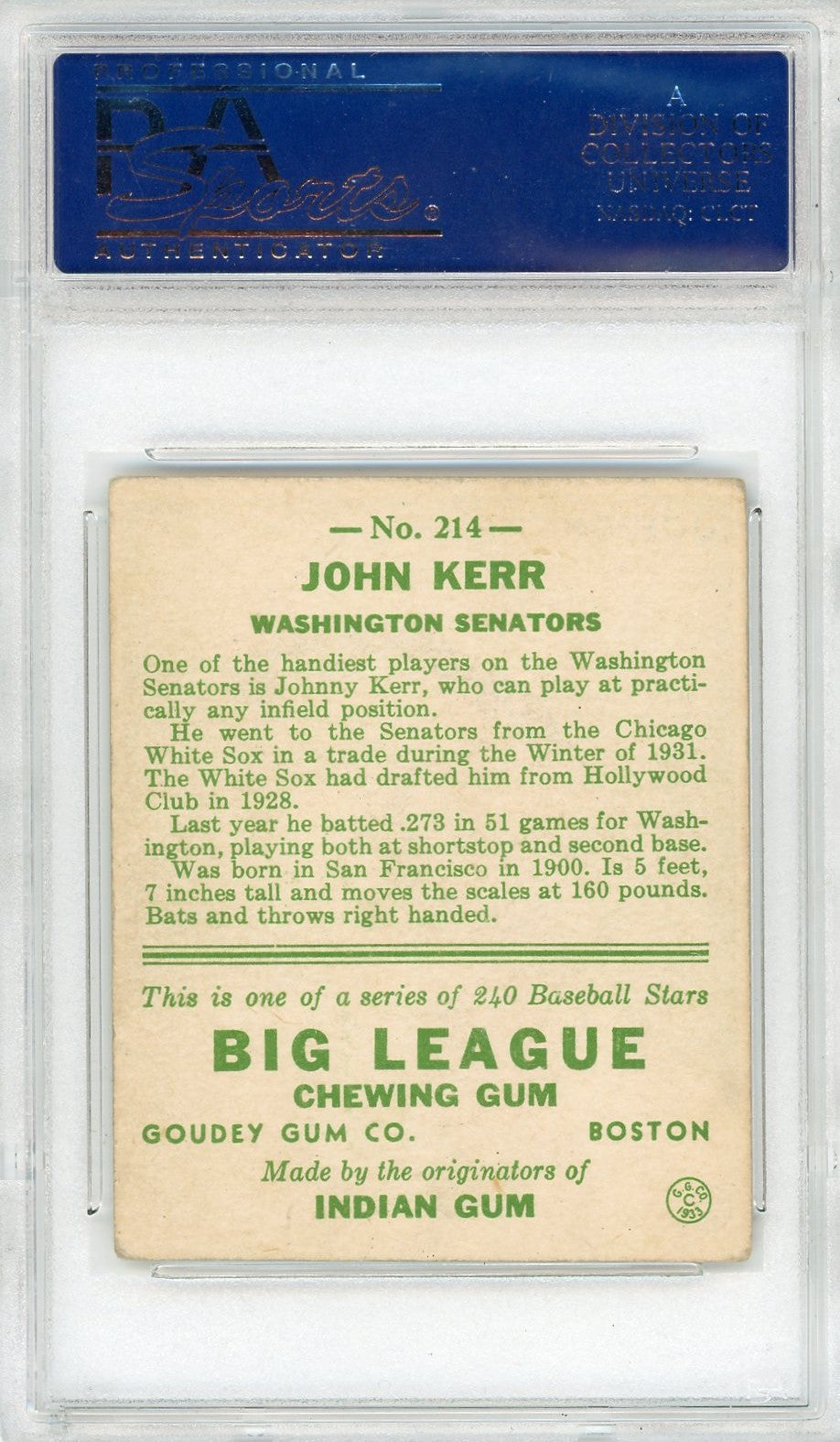 1933 Goudey John Kerr #214 PSA 4