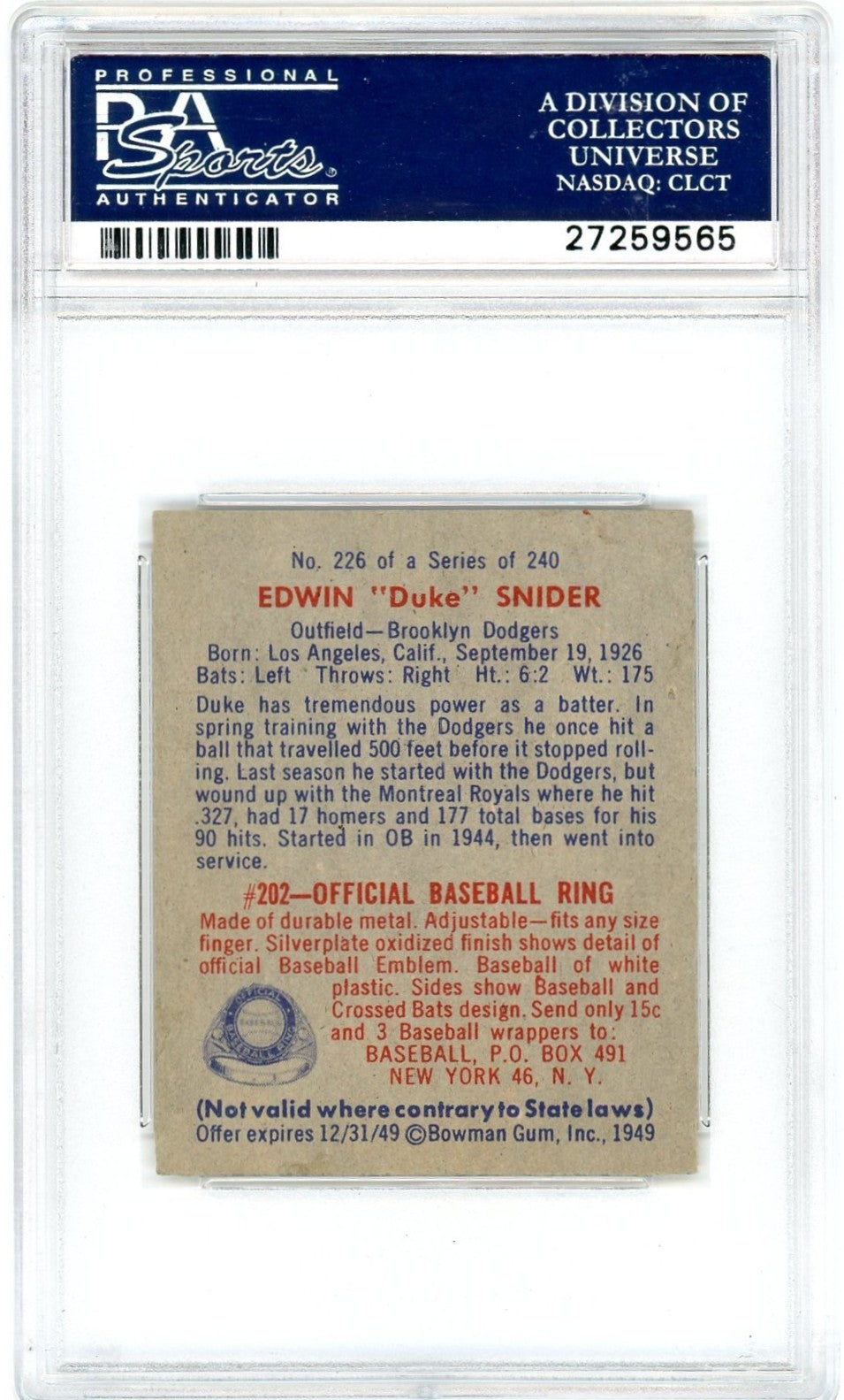 1949 Bowman Edwin Snider #226 PSA 8