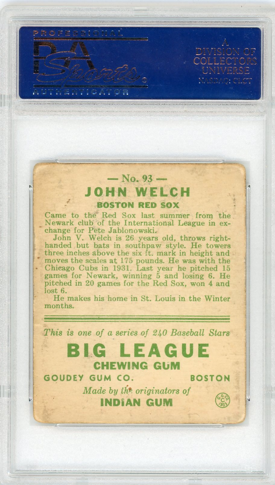 1933 Goudey John Welch #93 PSA 3