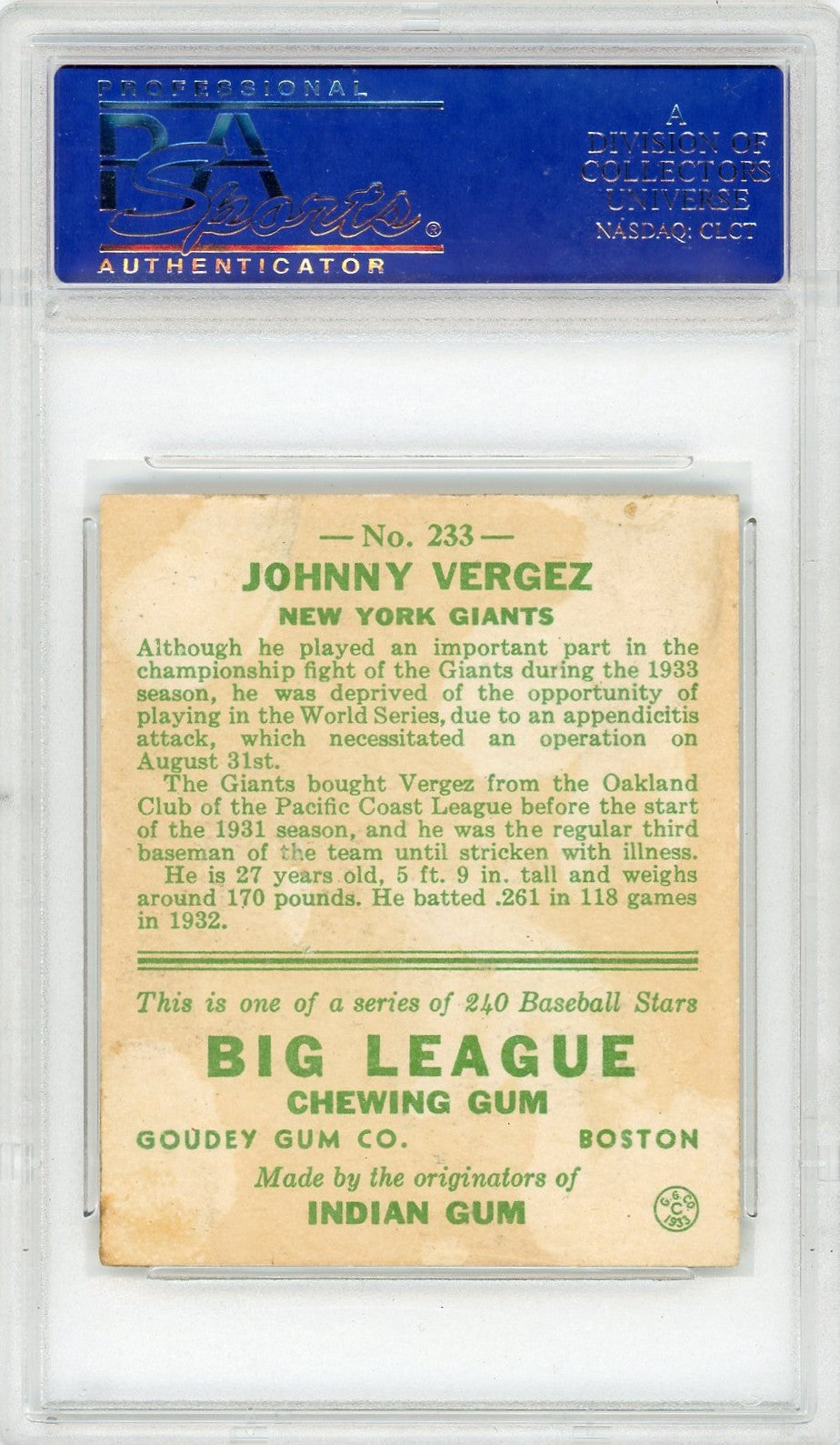1933 Goudey Johnny Vergez #233 PSA 2