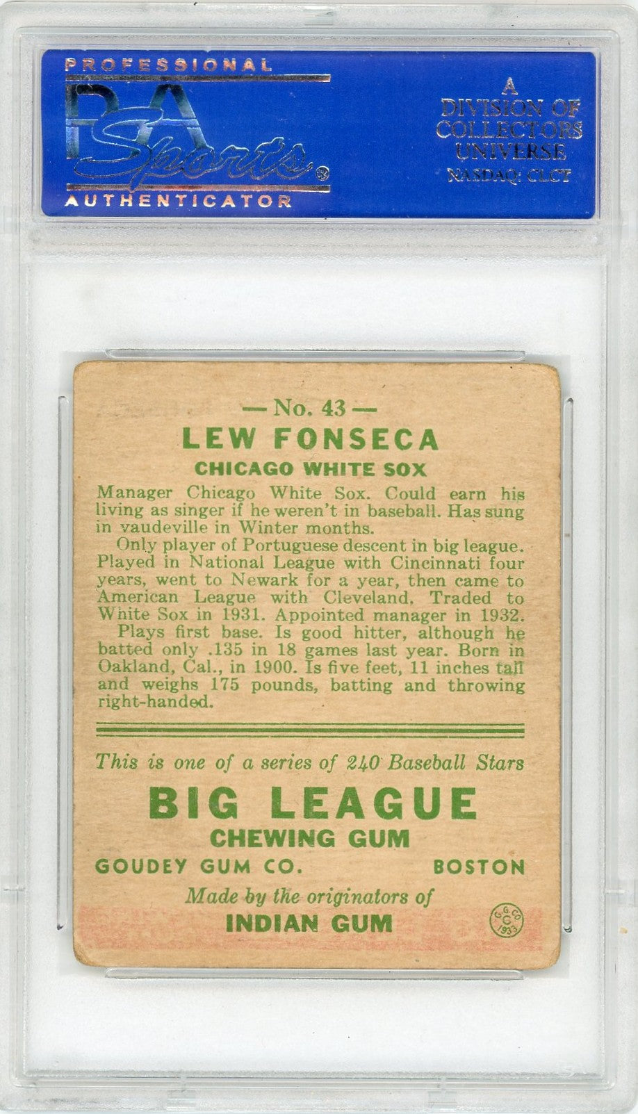 1933 Goudey Lew Fonseca #43 PSA 3