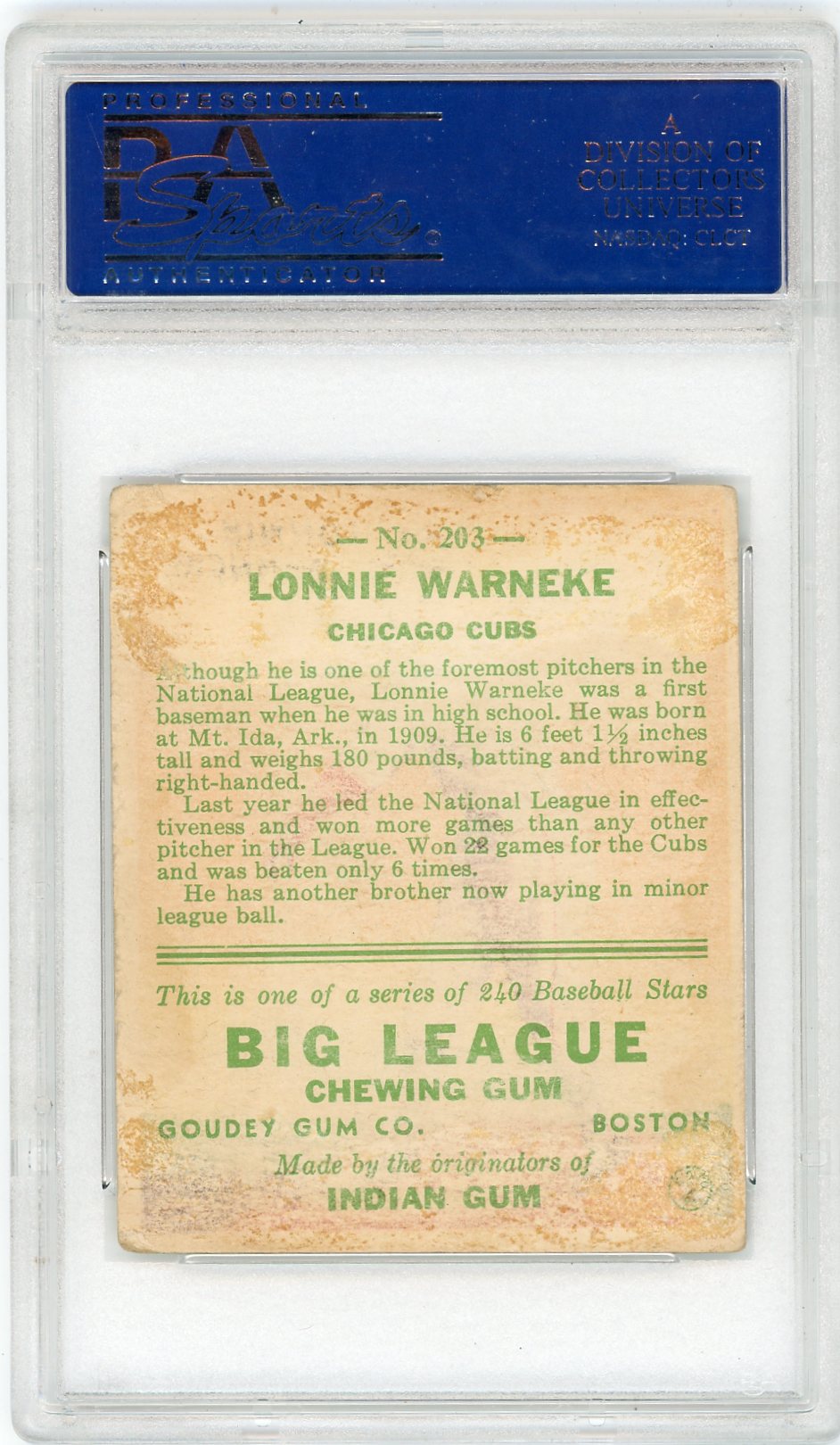 1933 Goudey Lonnie Warneke #203 PSA 2