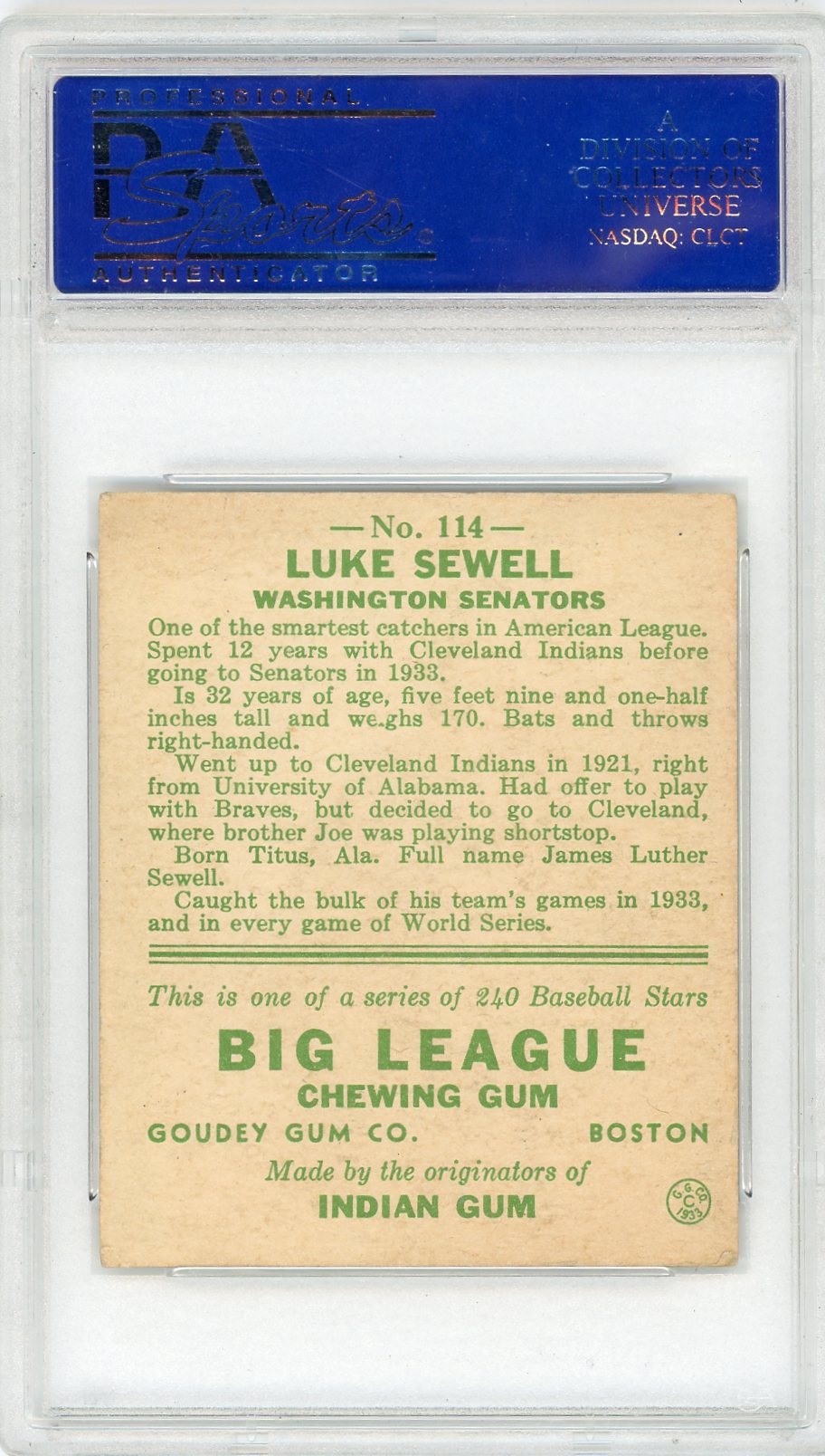 1933 Goudey Luke Sewell #114 PSA 4