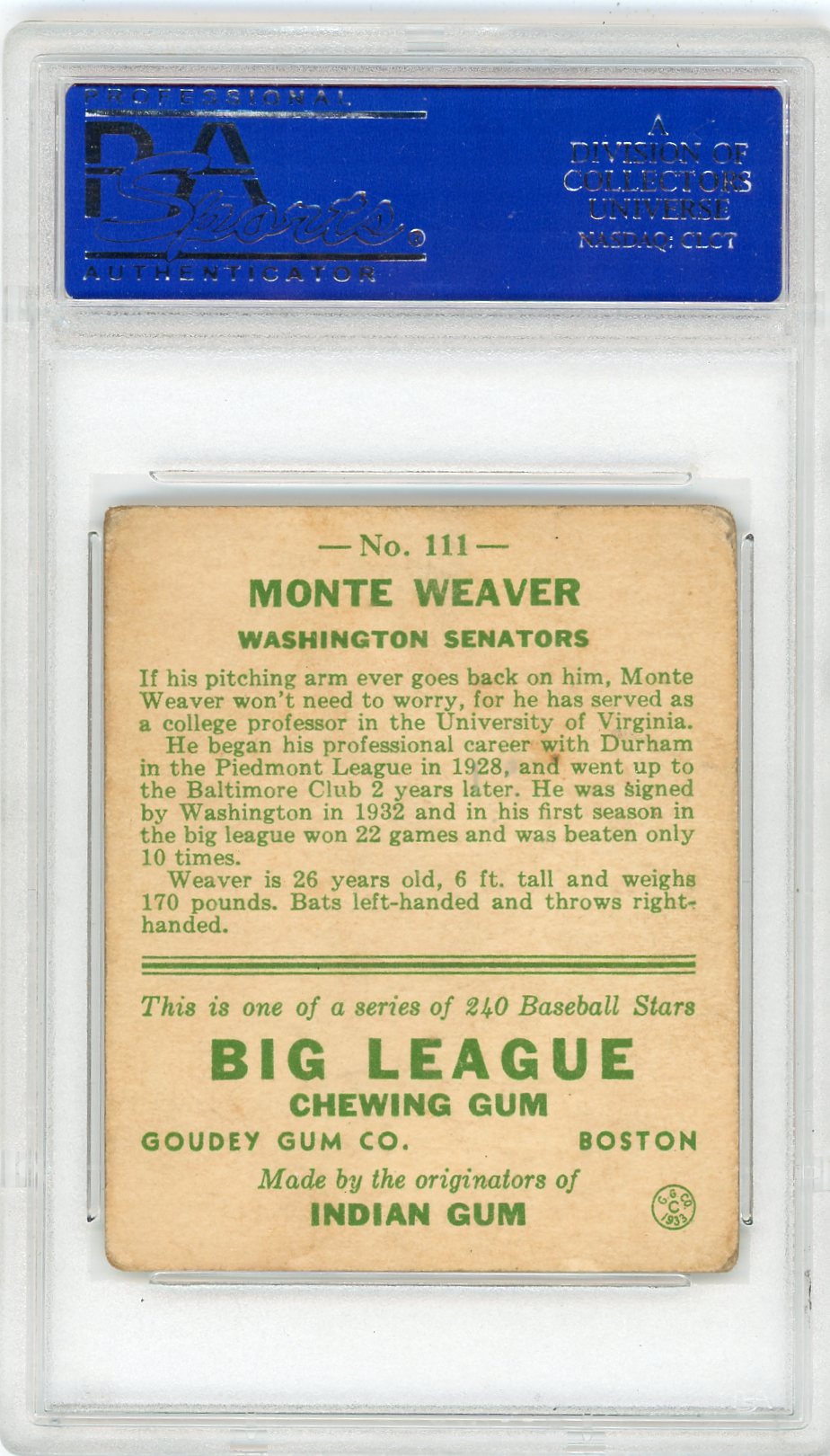 1933 Goudey Monte Weaver #111 PSA 3