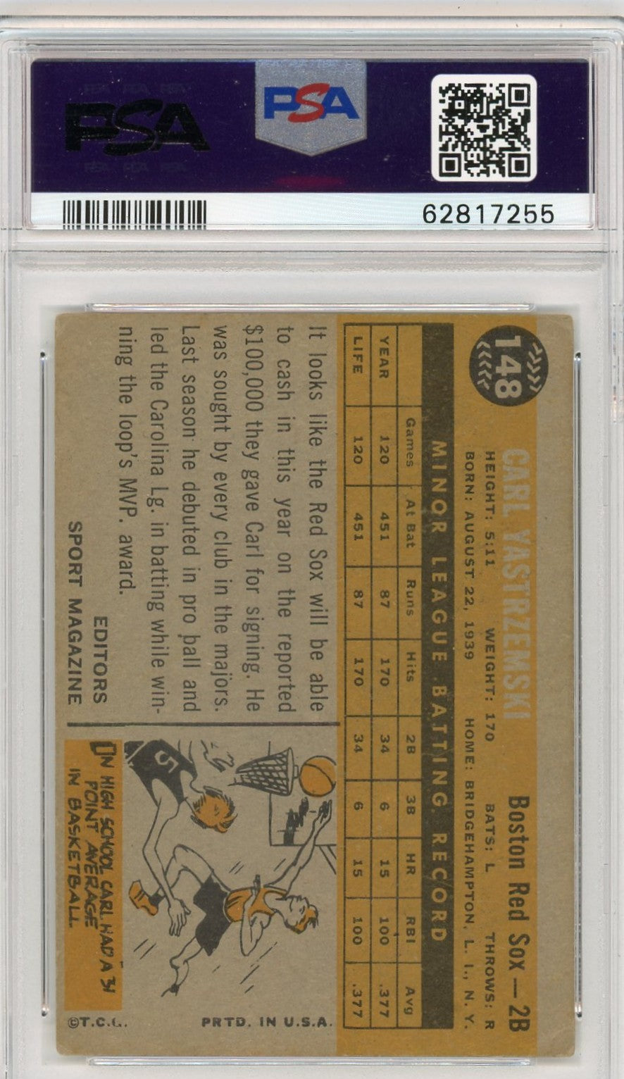 1960 Topps Carl Yastrzemski #148 Rookie Star PSA 2 MK