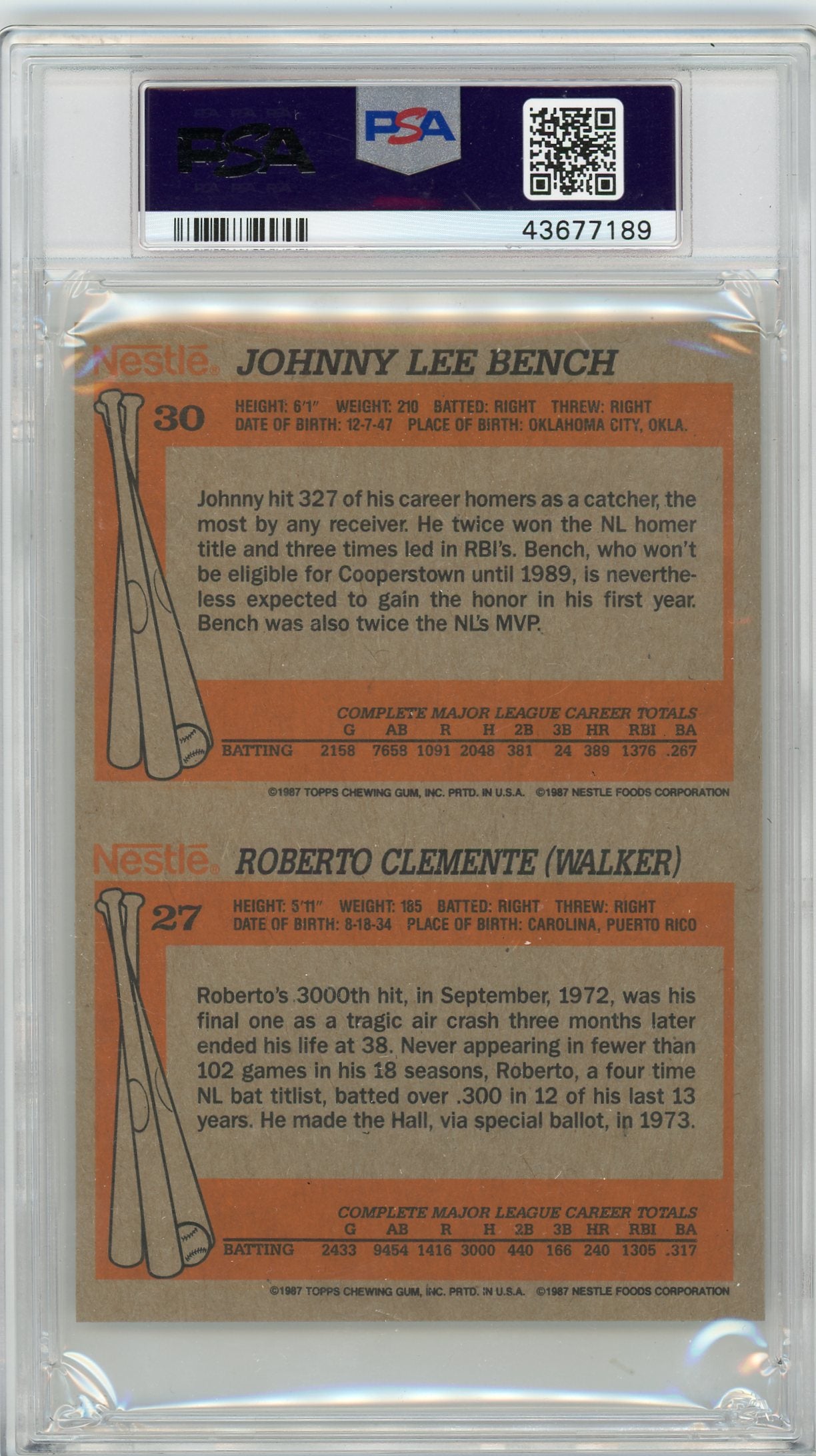 1987 Nestle Dream Team Hand Cut R. Clemente J. Bench Panel PSA 10