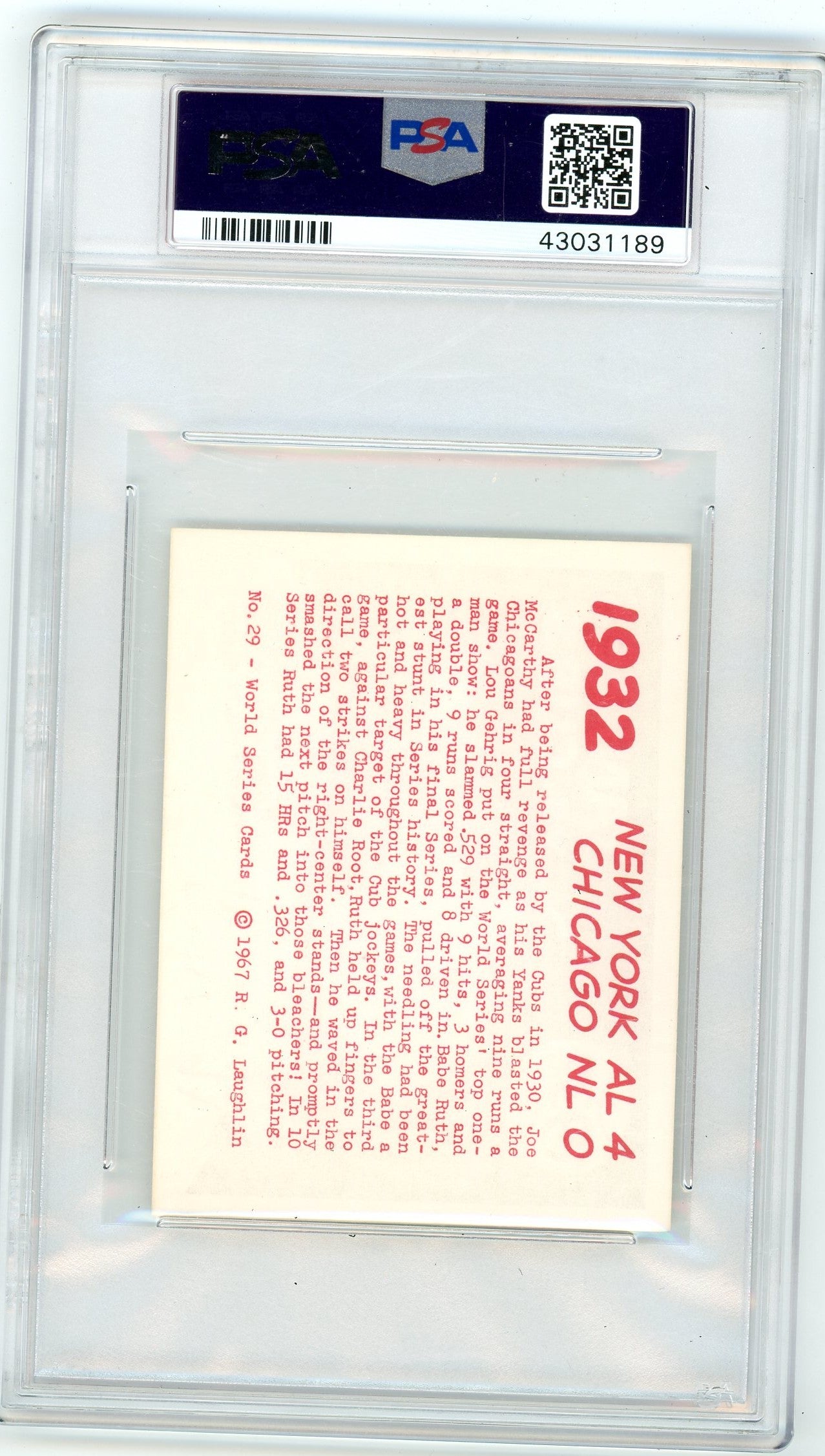 1967 Laughlin World Series Yankees VS Cubs #29 1932 PSA 8