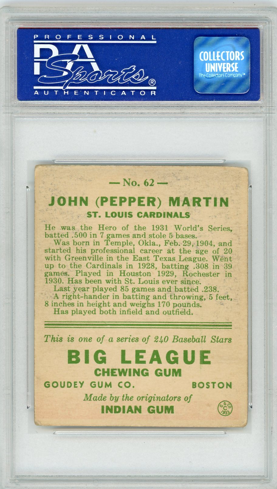 1933 Goudey Pepper Martin #62 PSA 4