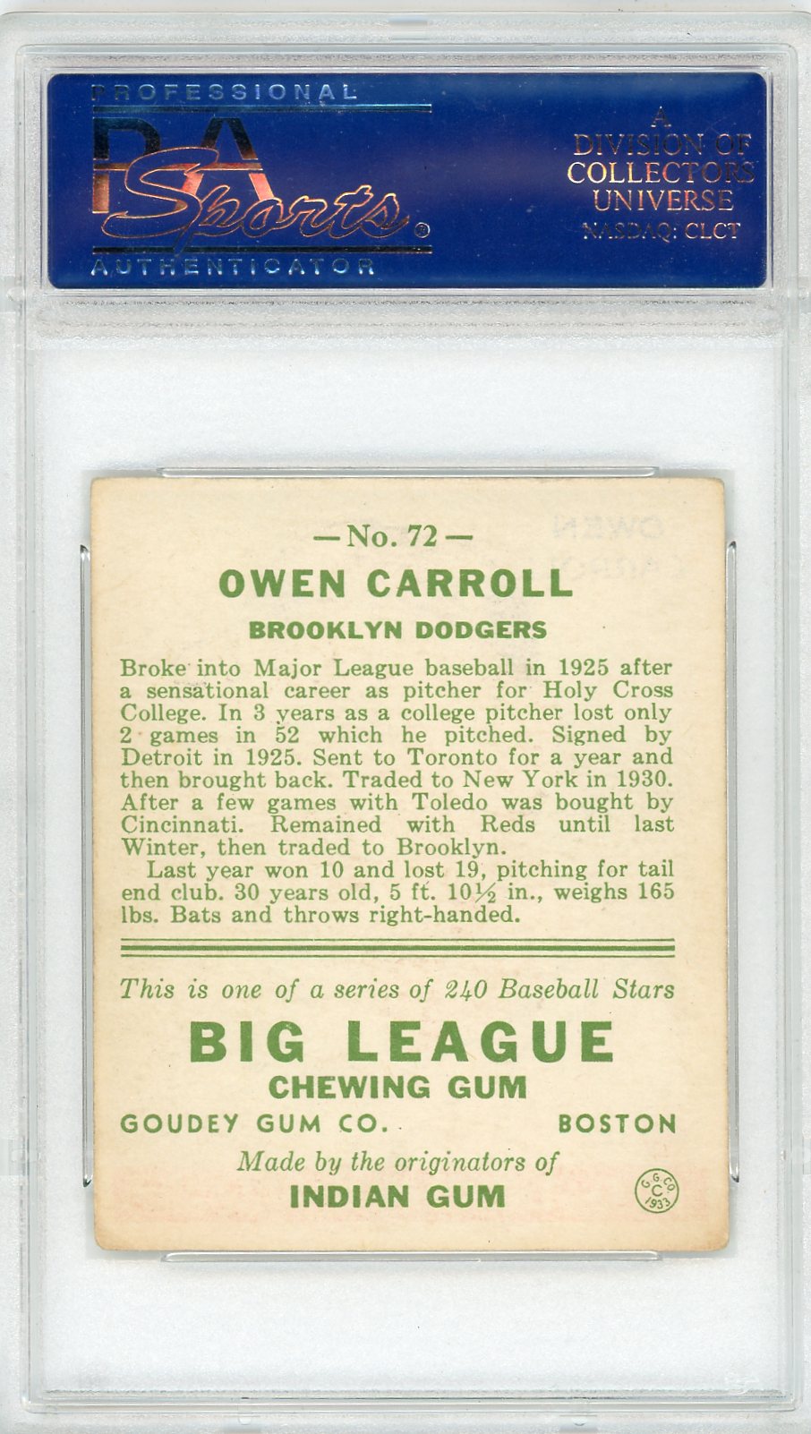 1933 Goudey Owen Carroll #72 PSA 4