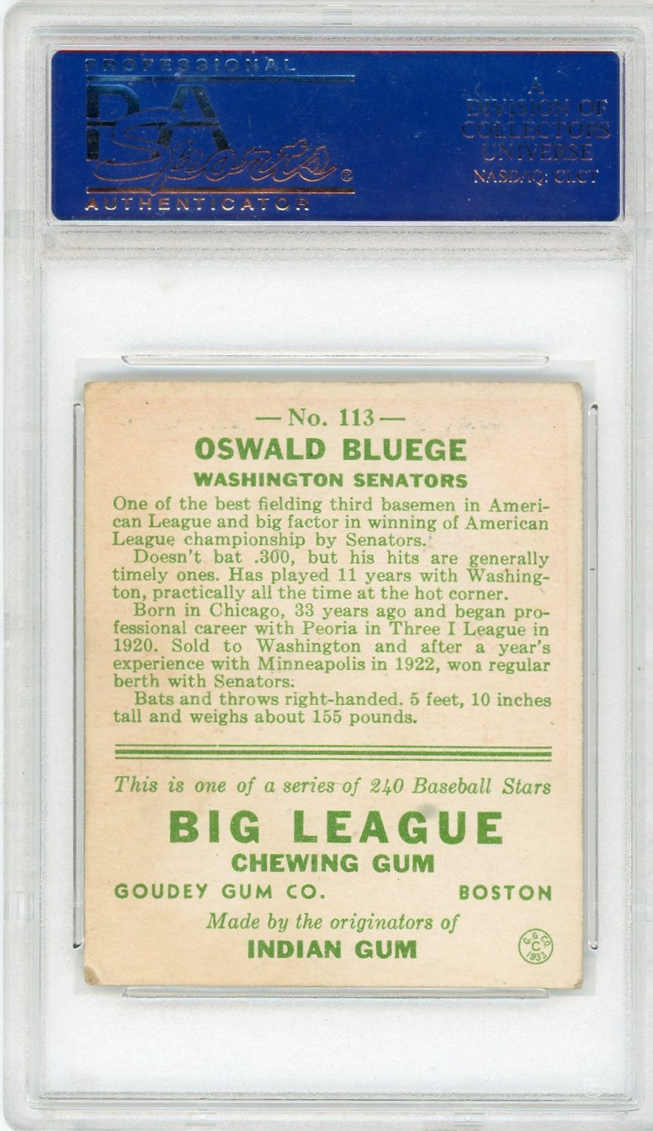 1933 Goudey Oswald Bluege #113 PSA 4