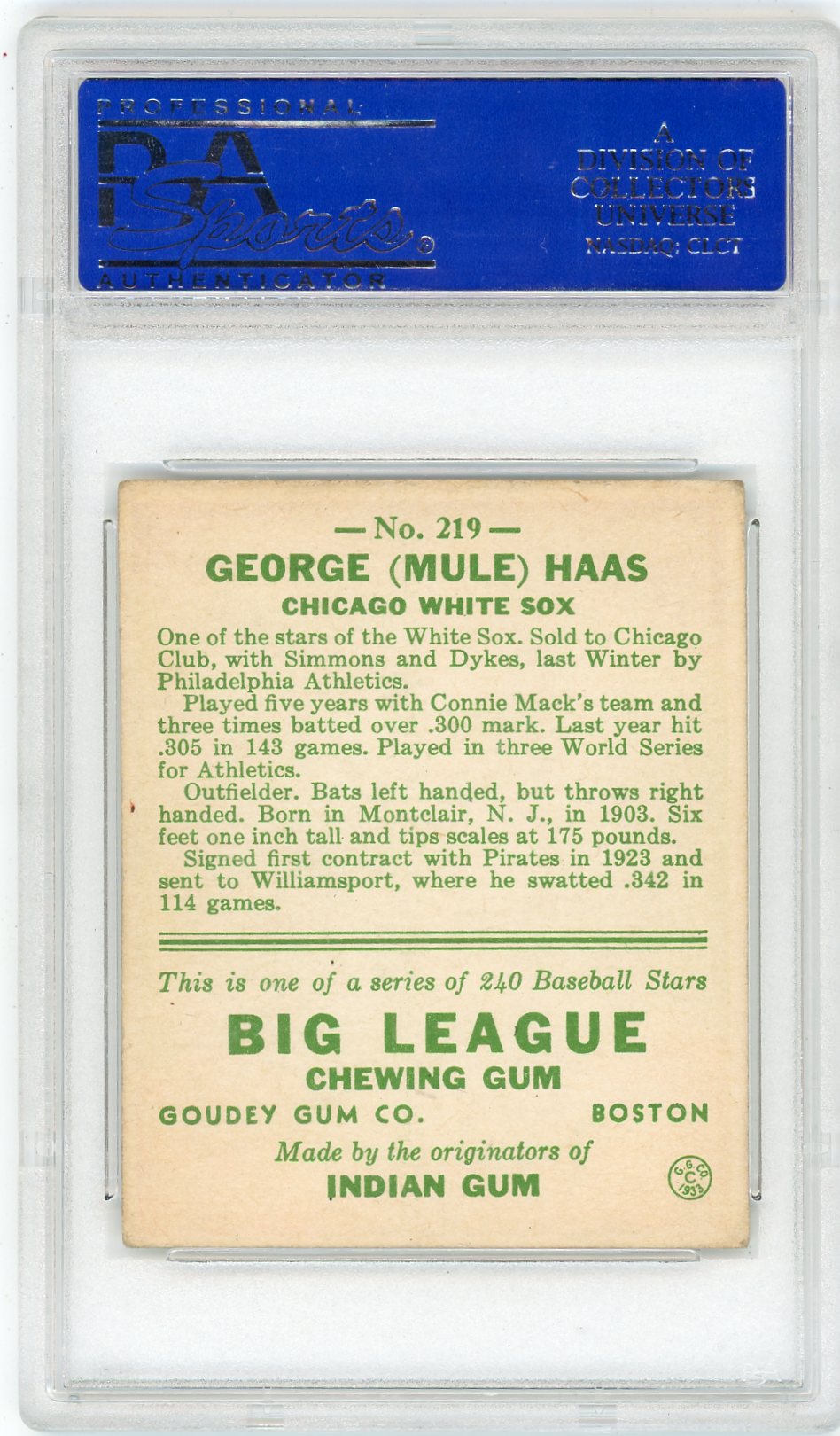 1933 Goudey Mule Haas #219 PSA 4